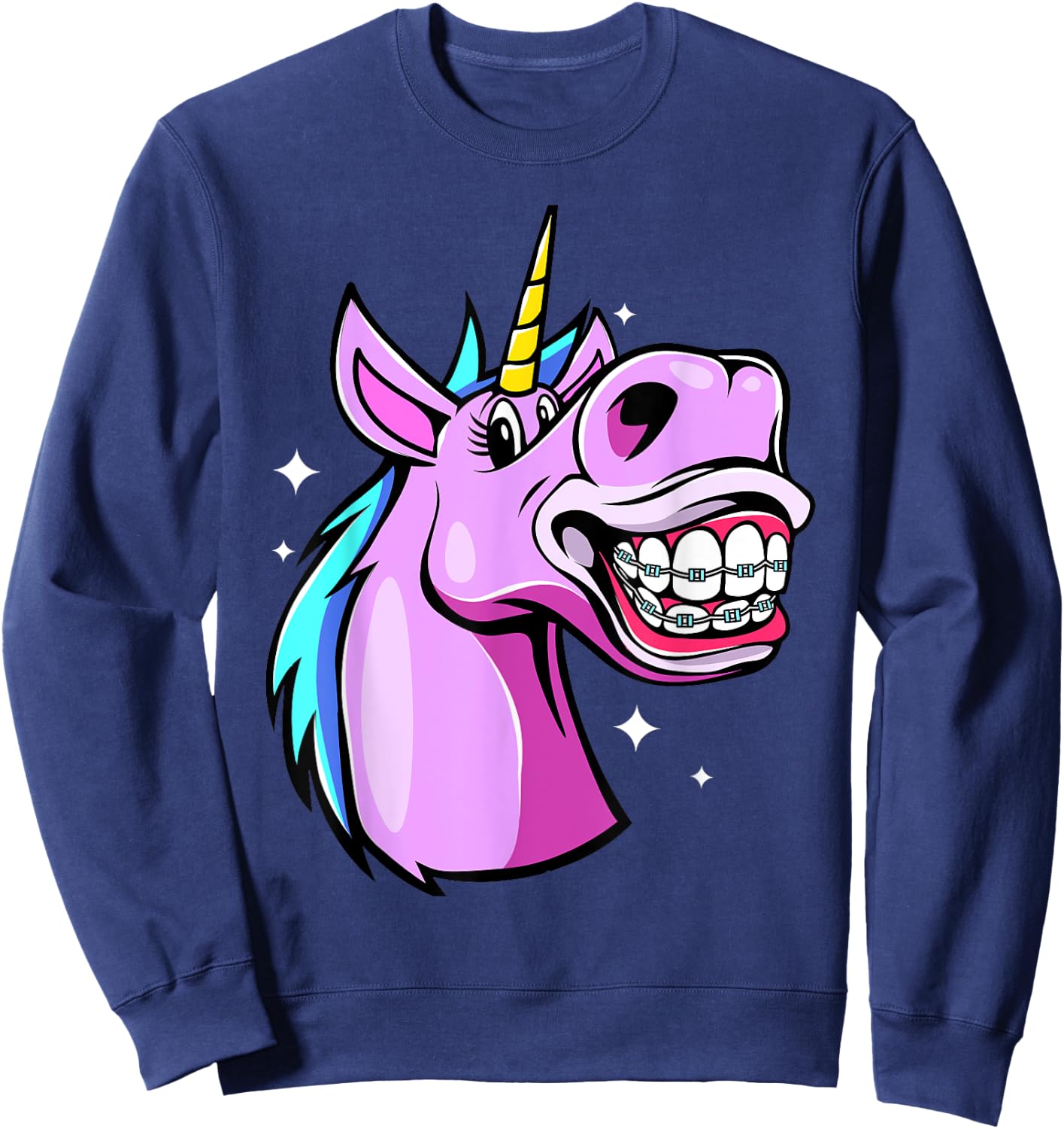 Unicorn With Braces For Girls Funny Orthodontist Dentist Sweatshirt - Sweatshirt | Navy