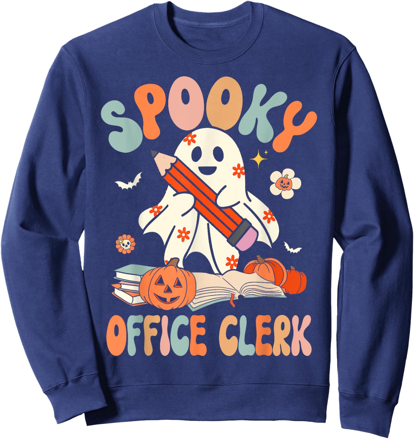 Groovy Halloween Spooky Office Clerk Retro Floral Ghost Sweatshirt - Sweatshirt | Navy
