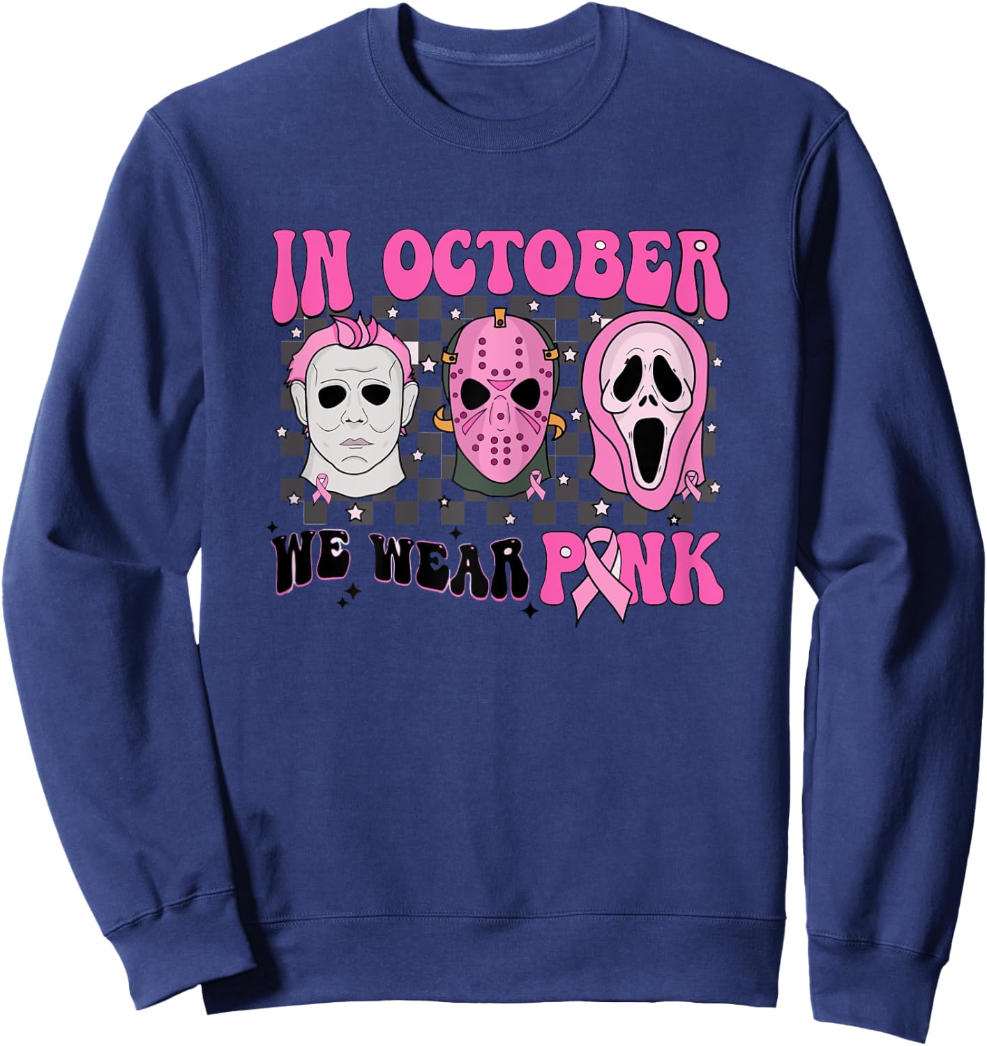 Pink Breast Cancer Awareness Scream Halloween Horror Retro Sweatshirt - Sweatshirt | Navy