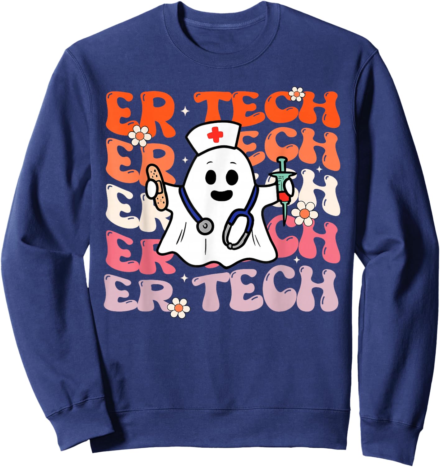 ER Tech Groovy Funny Halloween Ghost Nursing Spooky Costume Sweatshirt - Sweatshirt | Navy