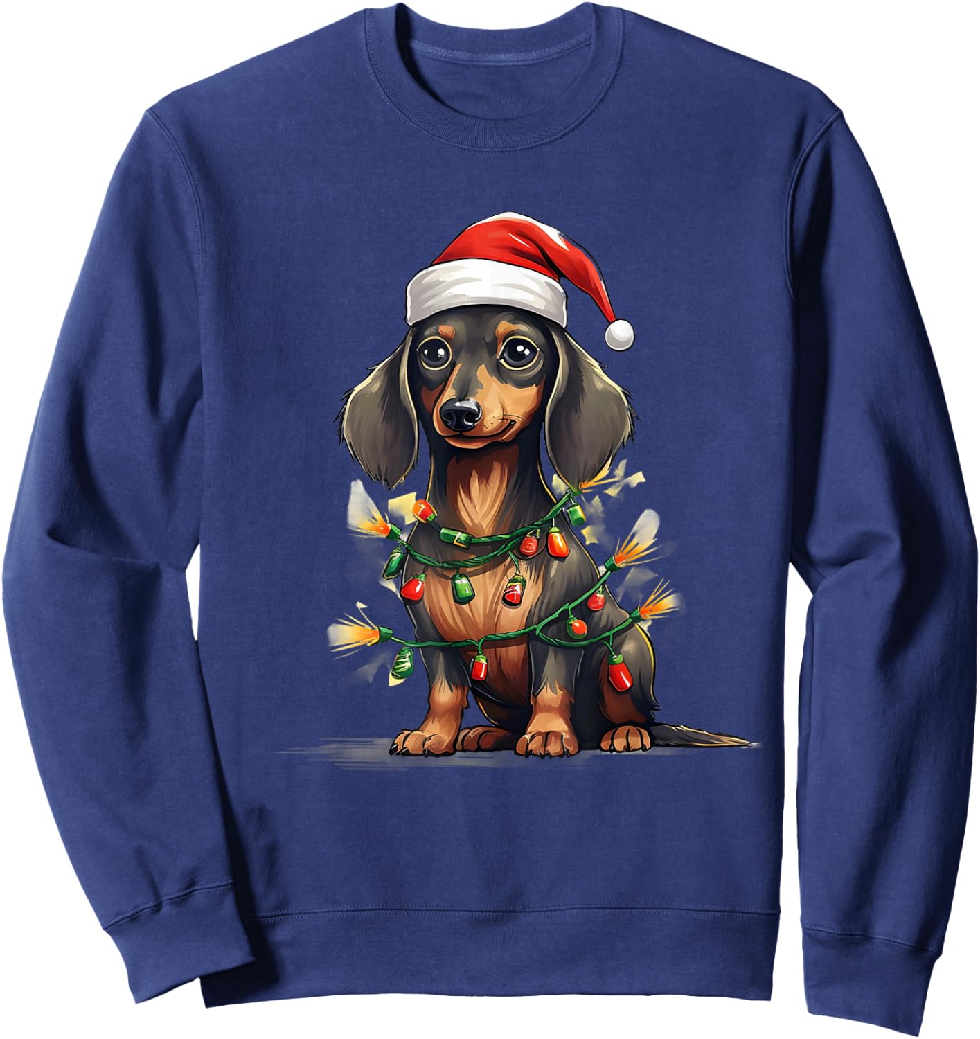 Merry Christmas Dachshund Santa Hat Lights Xmas Men Women Sweatshirt - Sweatshirt | Navy