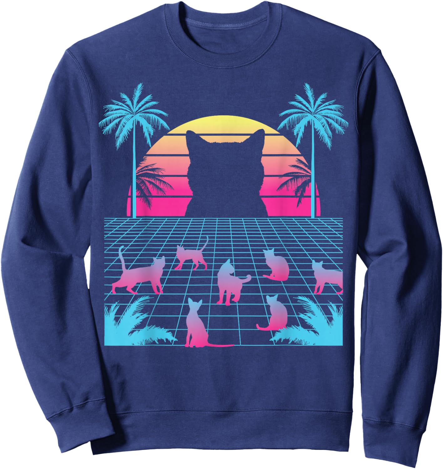 Vaporwave Cats - Retro Vintage Sunset - 80s 90s Japanese Sweatshirt - Sweatshirt | Navy