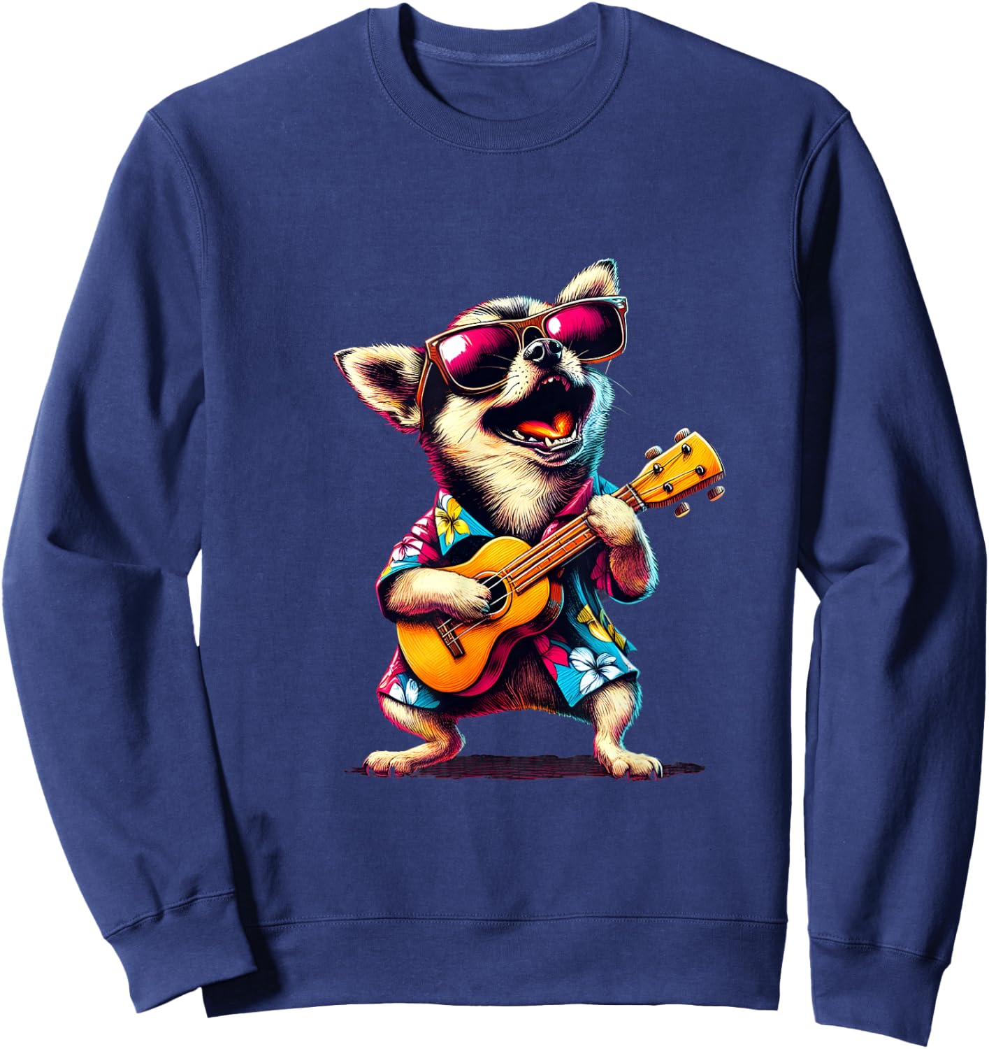 Chihuahua Wearing a Hawaiian Shirt, Playing a Ukulele Sweatshirt - Sweatshirt | Navy