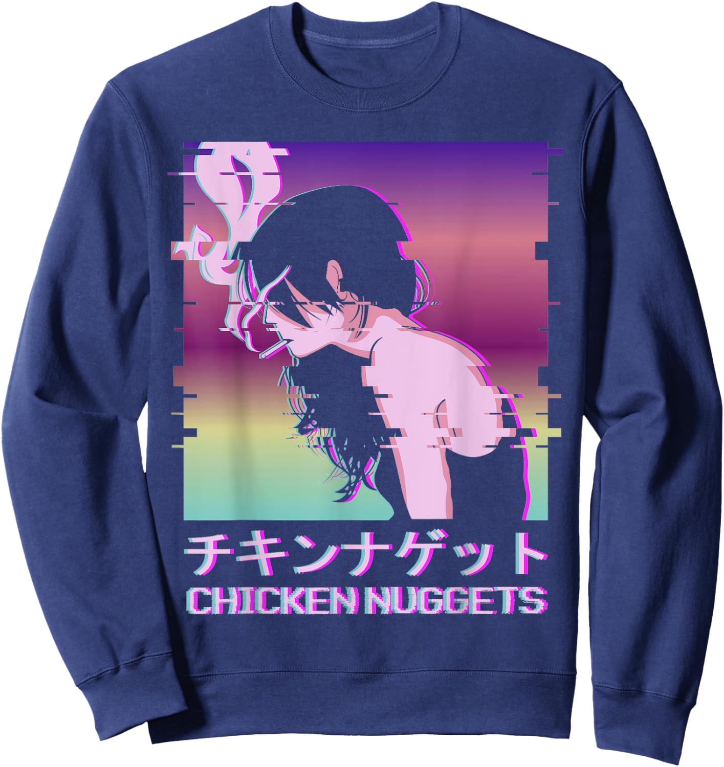 Chicken Nuggets Vaporwave Aesthetic Sad Smoking Anime Girl Sweatshirt - Sweatshirt | Navy