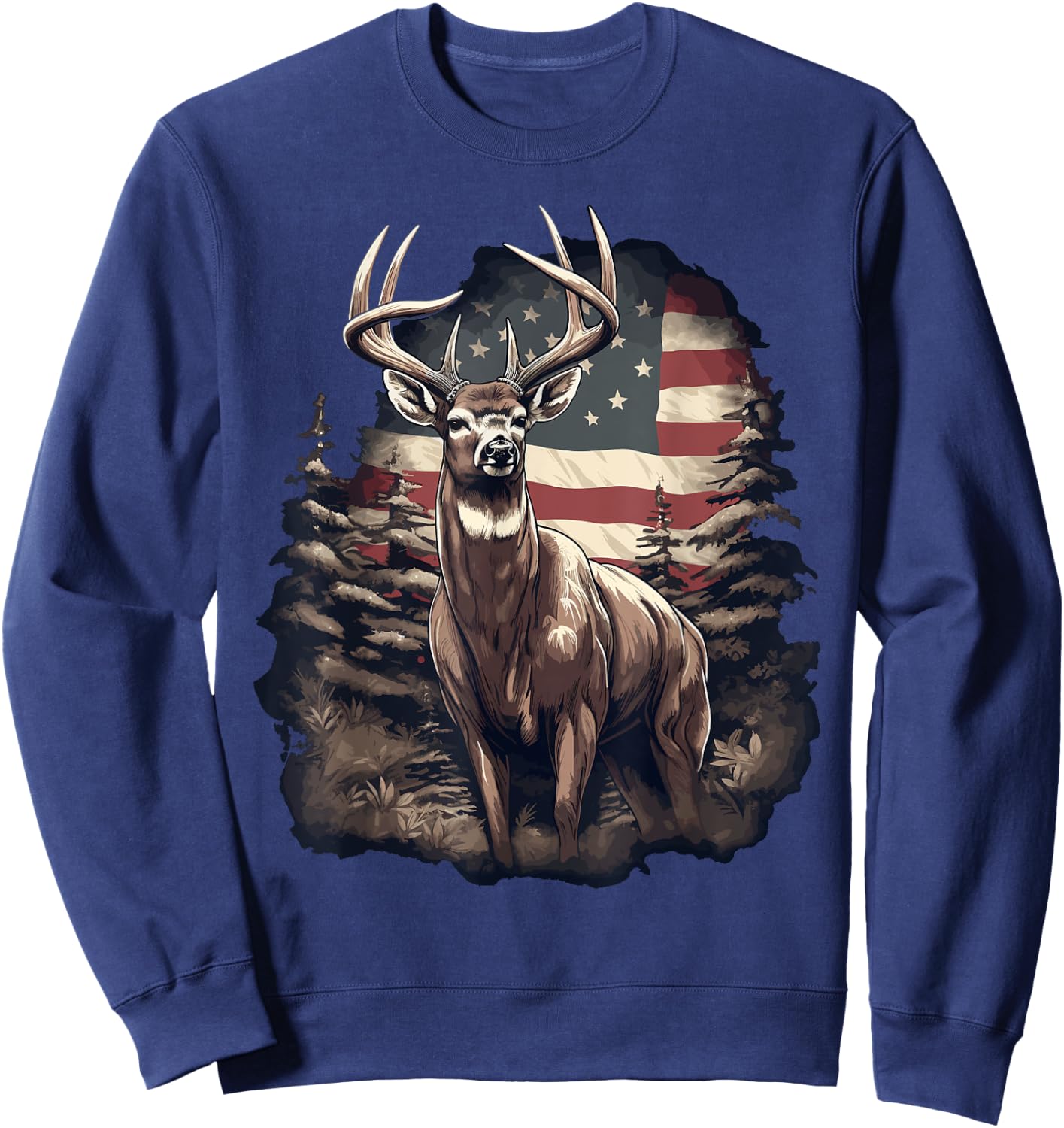 Whitetail Buck Deer Hunting US Flag Patriotic Hunter Sweatshirt - Sweatshirt | Navy