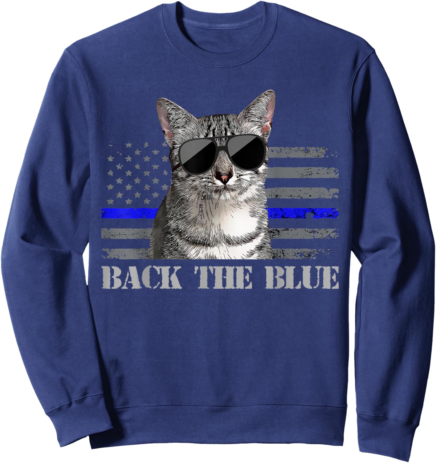 Back the Blue Police Cat Thin Blue Line American Flag Kids Men Sweatshirt - Sweatshirt | Navy