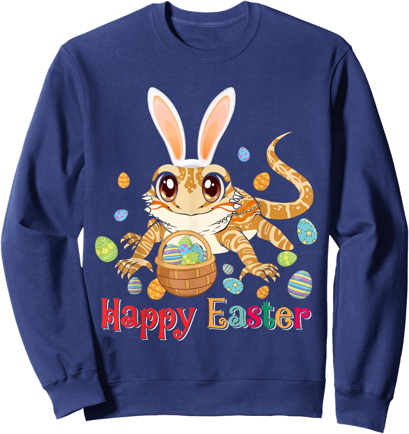 Happy Easter Cute Bunny Bearded Dragon Easter Eggs Basket Sweatshirt - Sweatshirt | Navy