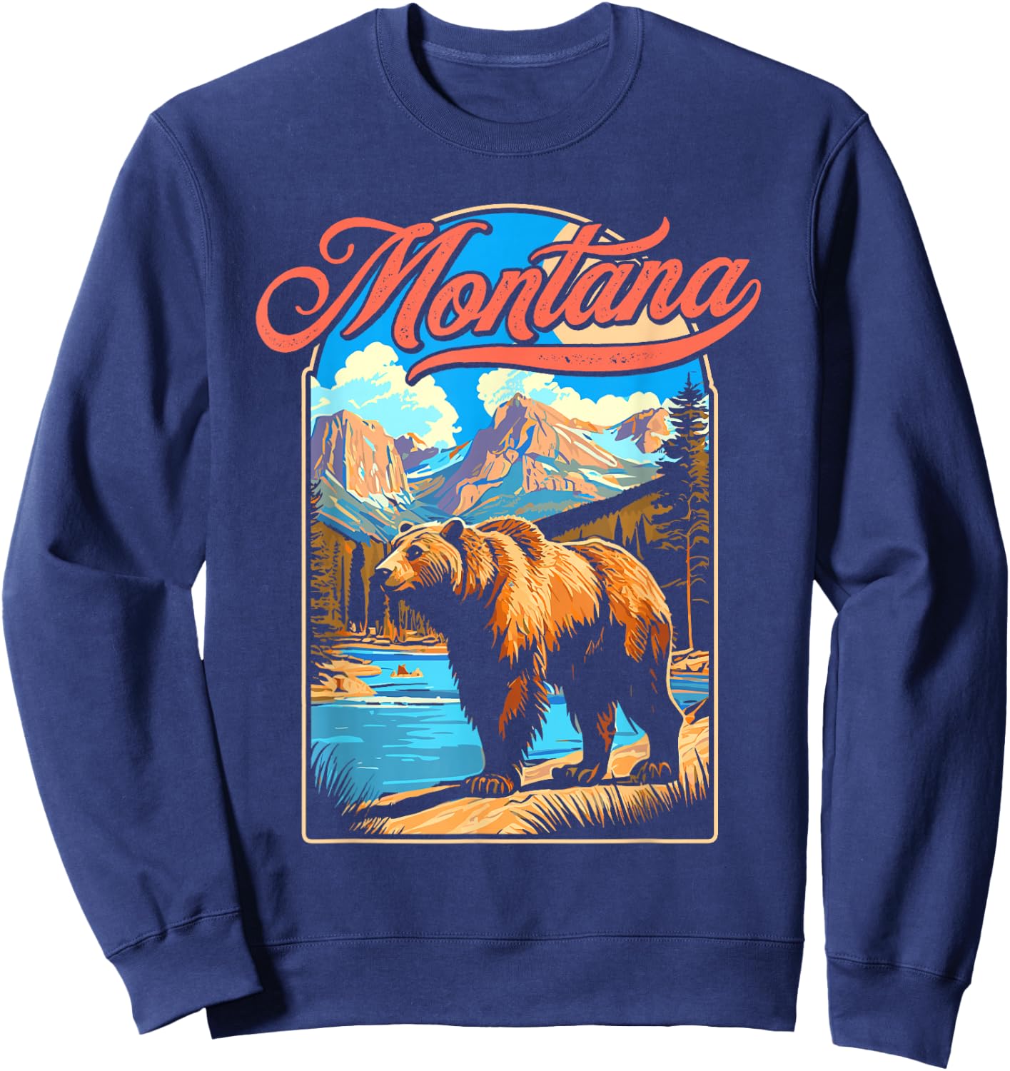 Grizzly Bear & Montana Mountains Vintage 70s Vibe Graphic Sweatshirt - Sweatshirt | Navy