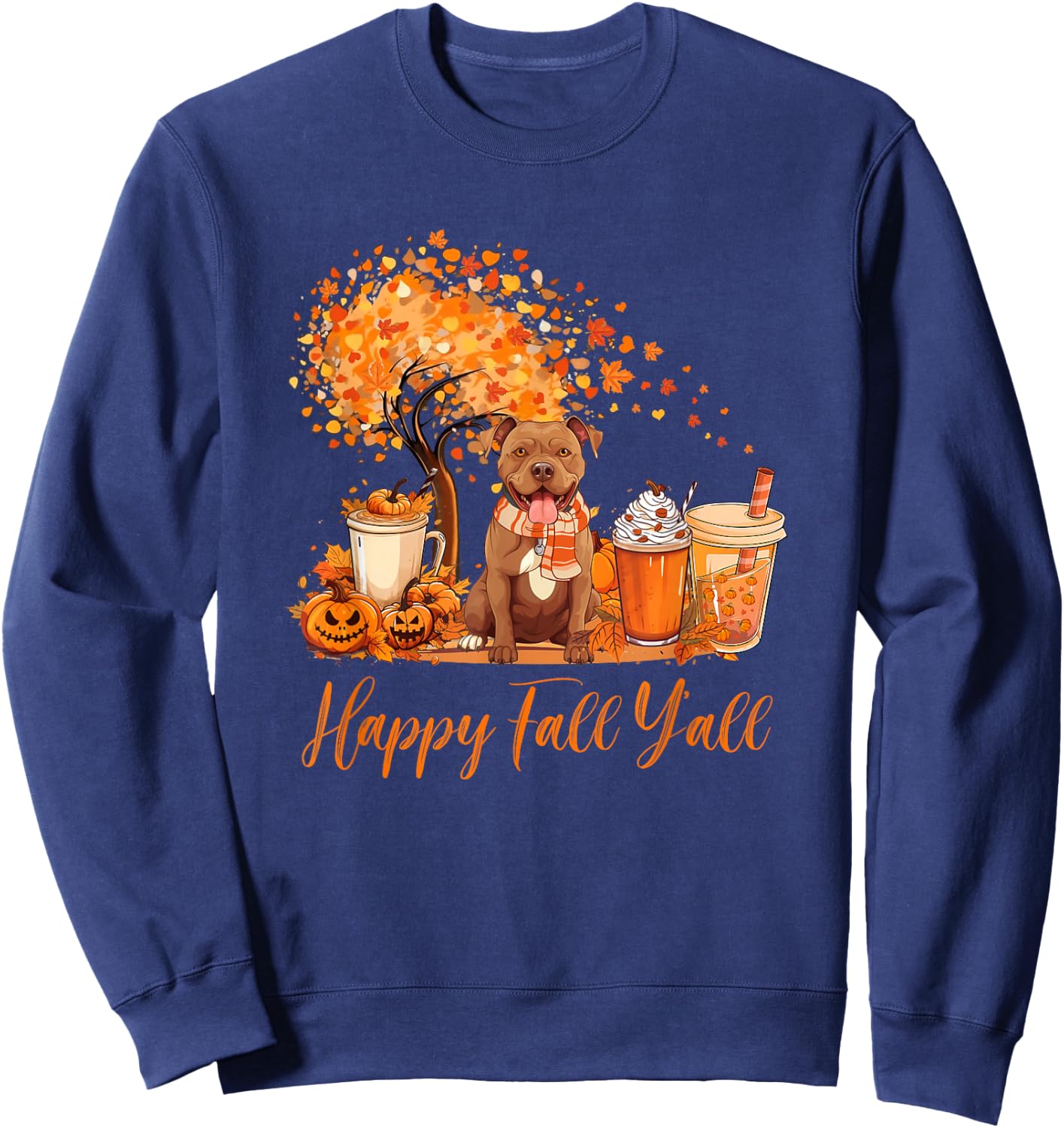 Happy Fall Y'all Pitbull Autumn Pumpkin Spice Latte Sweatshirt - Sweatshirt | Navy