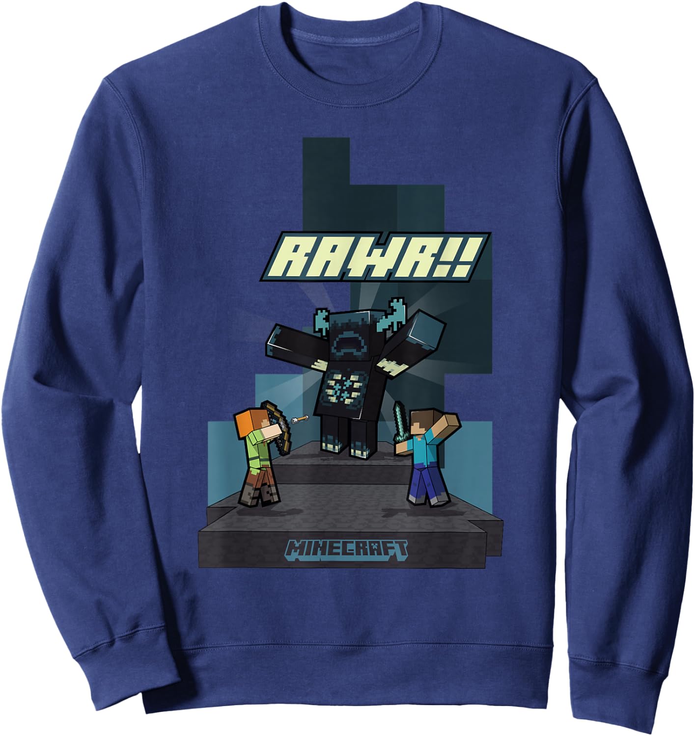 Minecraft Rawr!! Alex And Steve Fighting Off Warden Sweatshirt - Sweatshirt | Navy