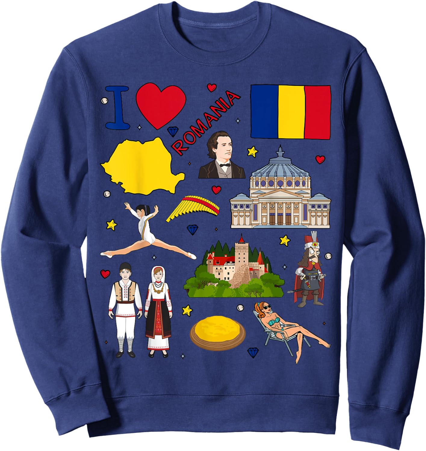 I love Romania. Hand drawn Romanian Landmarks, flag and map Sweatshirt - Sweatshirt | Navy