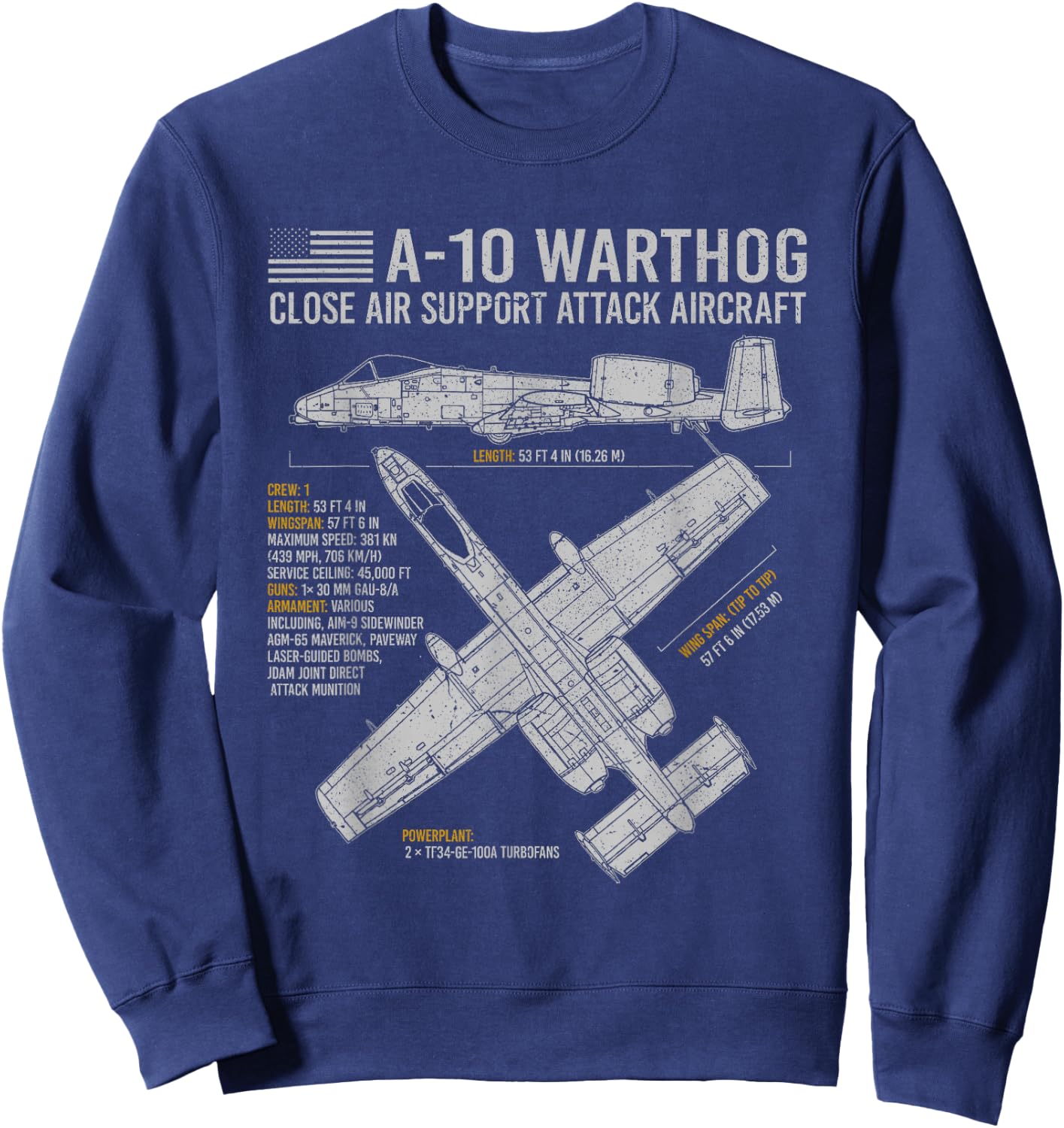 Aviation Geeks Store A-10 Warthog Thunderbolt II Aircraft Airplane Blueprint Fact Sweatshirt - Sweatshirt | Navy