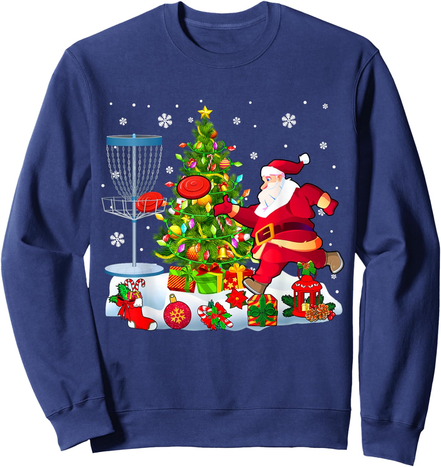 Xmas Tree Light Presents Santa Playing Disc Golf Player Sweatshirt - Sweatshirt | Navy