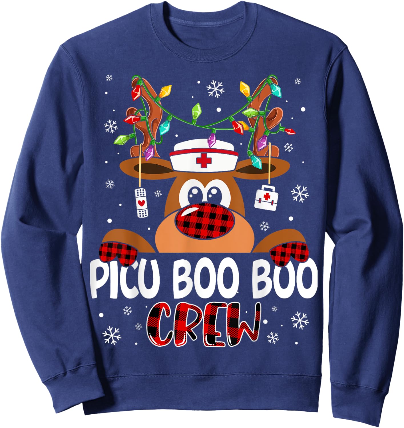 Reindeer PICU Nurse Boo Crew Christmas Buffalo Plaid Nurse Sweatshirt - Sweatshirt | Navy