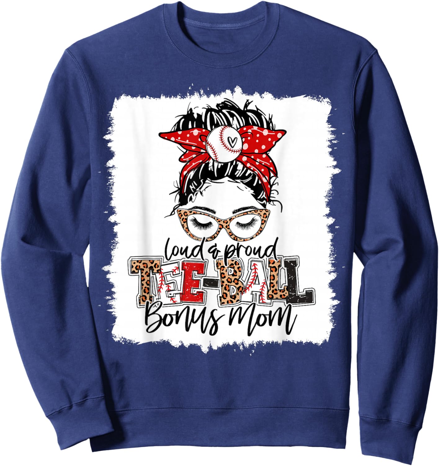 T-Ball Bonus Mom Ball Leopard Print Squad Messy Bun Hair Sweatshirt - Sweatshirt | Navy