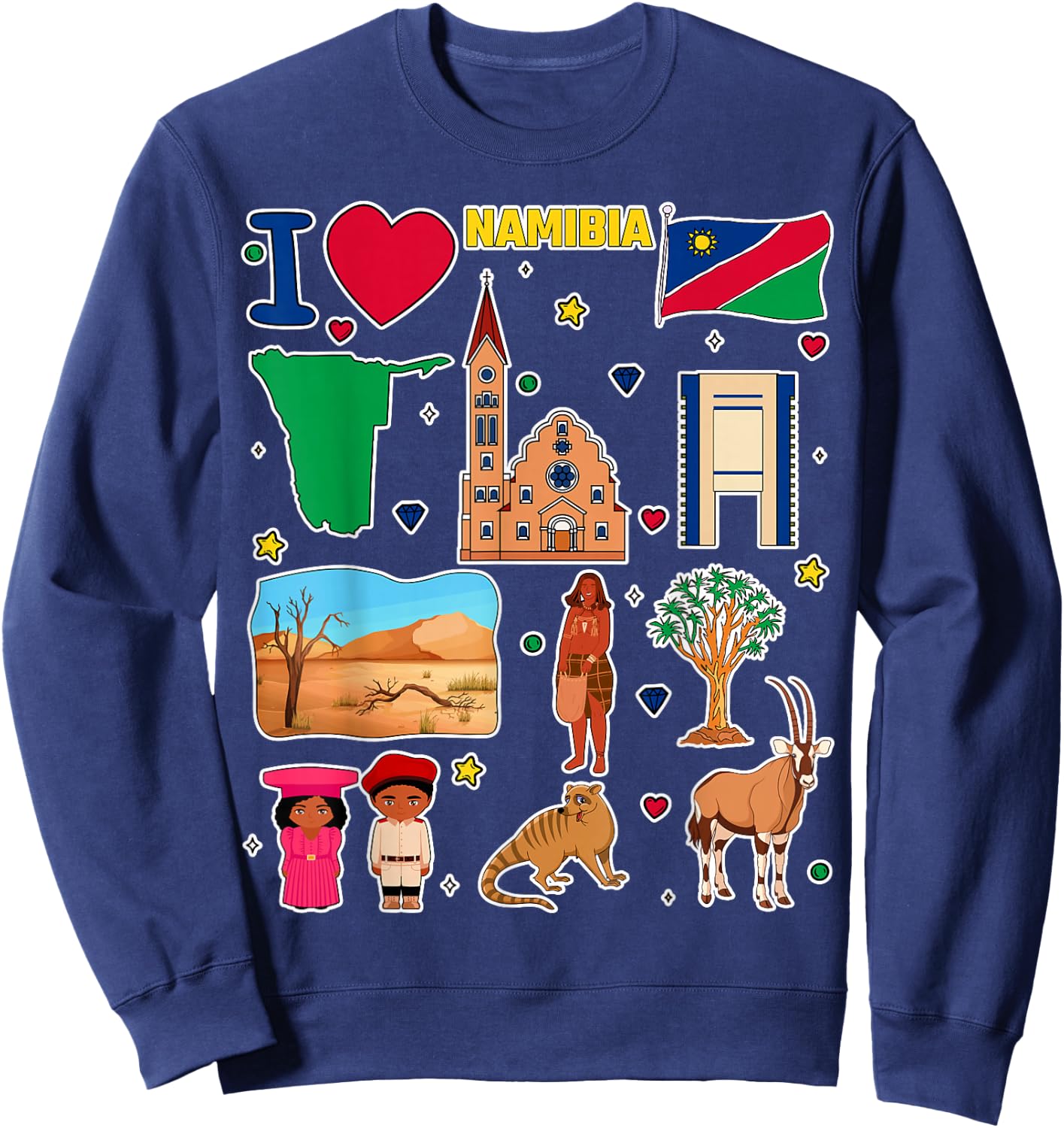 Namibian hand drawn symbols, Namibia map, cultural icons Sweatshirt - Sweatshirt | Navy