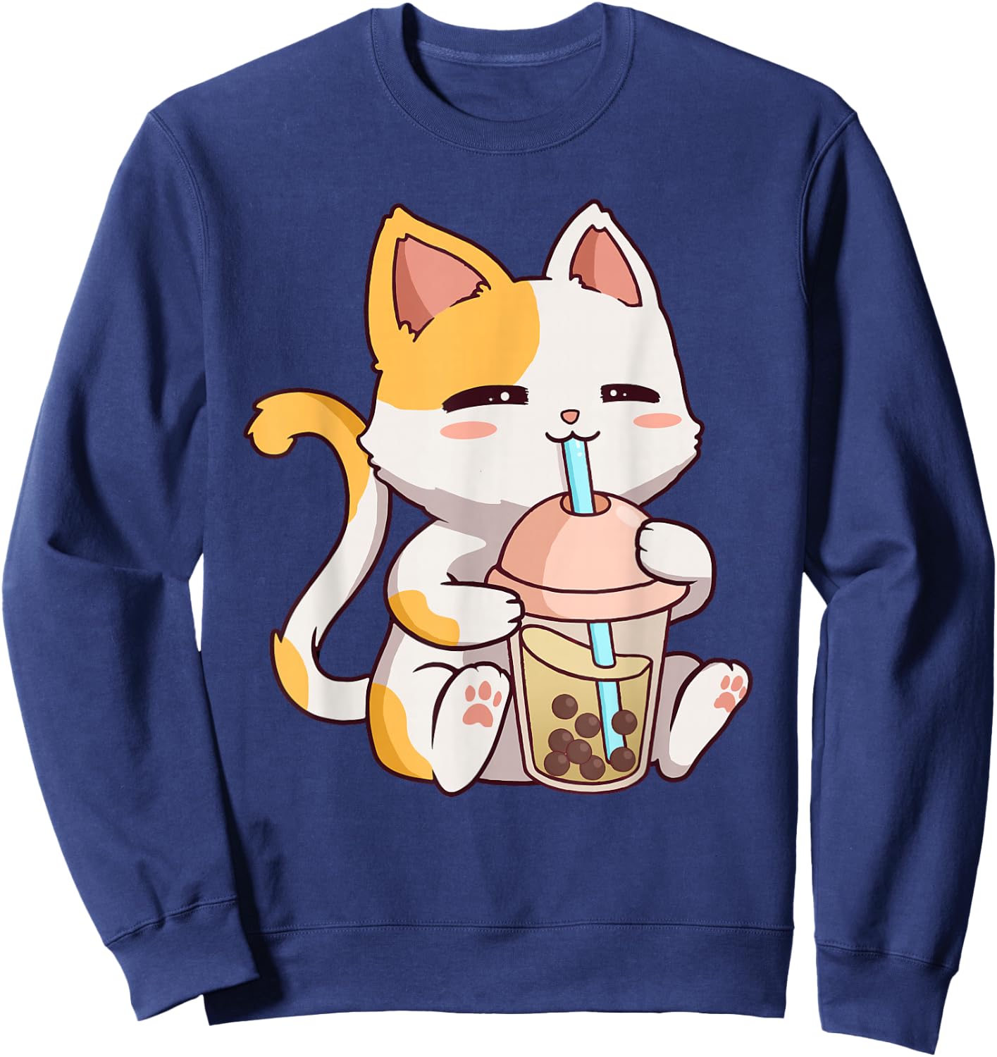Cute Cat Kawaii Boba Tea Bubble Neko Anime Sweatshirt - Sweatshirt | Navy
