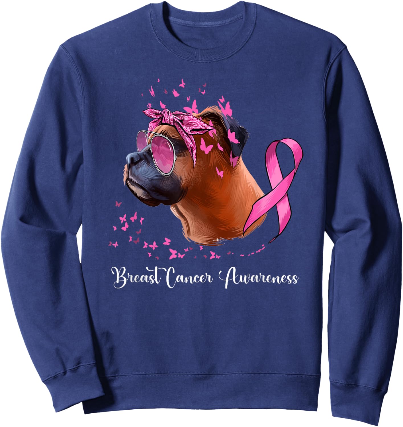 Boxer Dog Lover Pink Ribbon Breast Cancer Awareness Sweatshirt - Sweatshirt | Navy