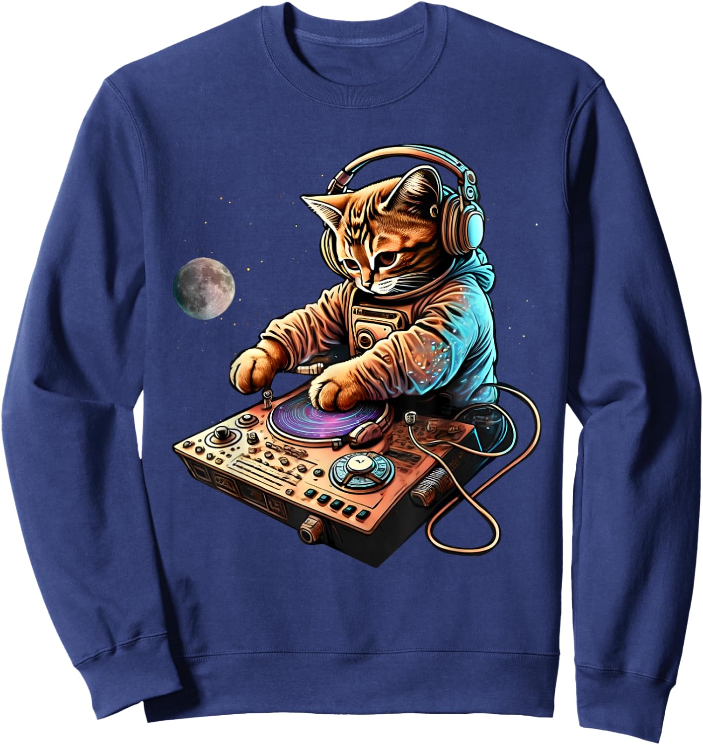 DJ Cat, Cute Space Cat Disc Jockey Cat in Astronaut Suit Sweatshirt - Sweatshirt | Navy