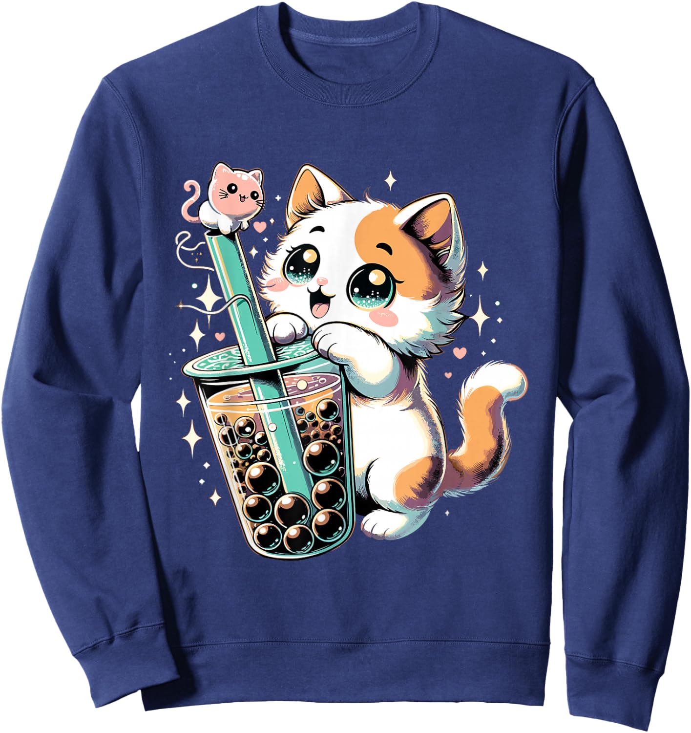 Cat Boba Japanese Kawaii Anime Kitty Bubble Tea Neko Teen Sweatshirt - Sweatshirt | Navy