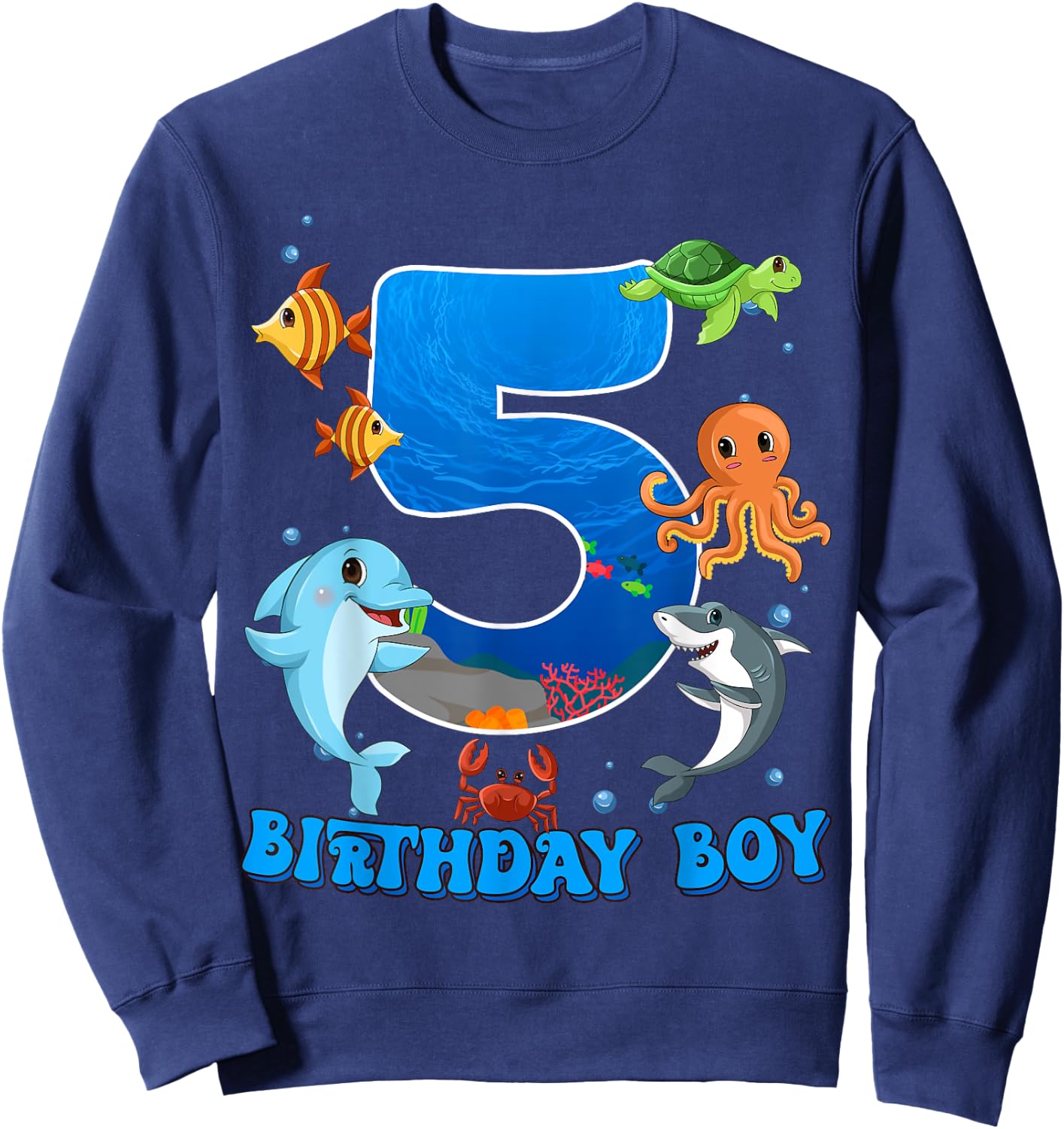 5th Birthday Party Ocean 5 Year Old Sea Fish Birthday Boy Sweatshirt - Sweatshirt | Navy