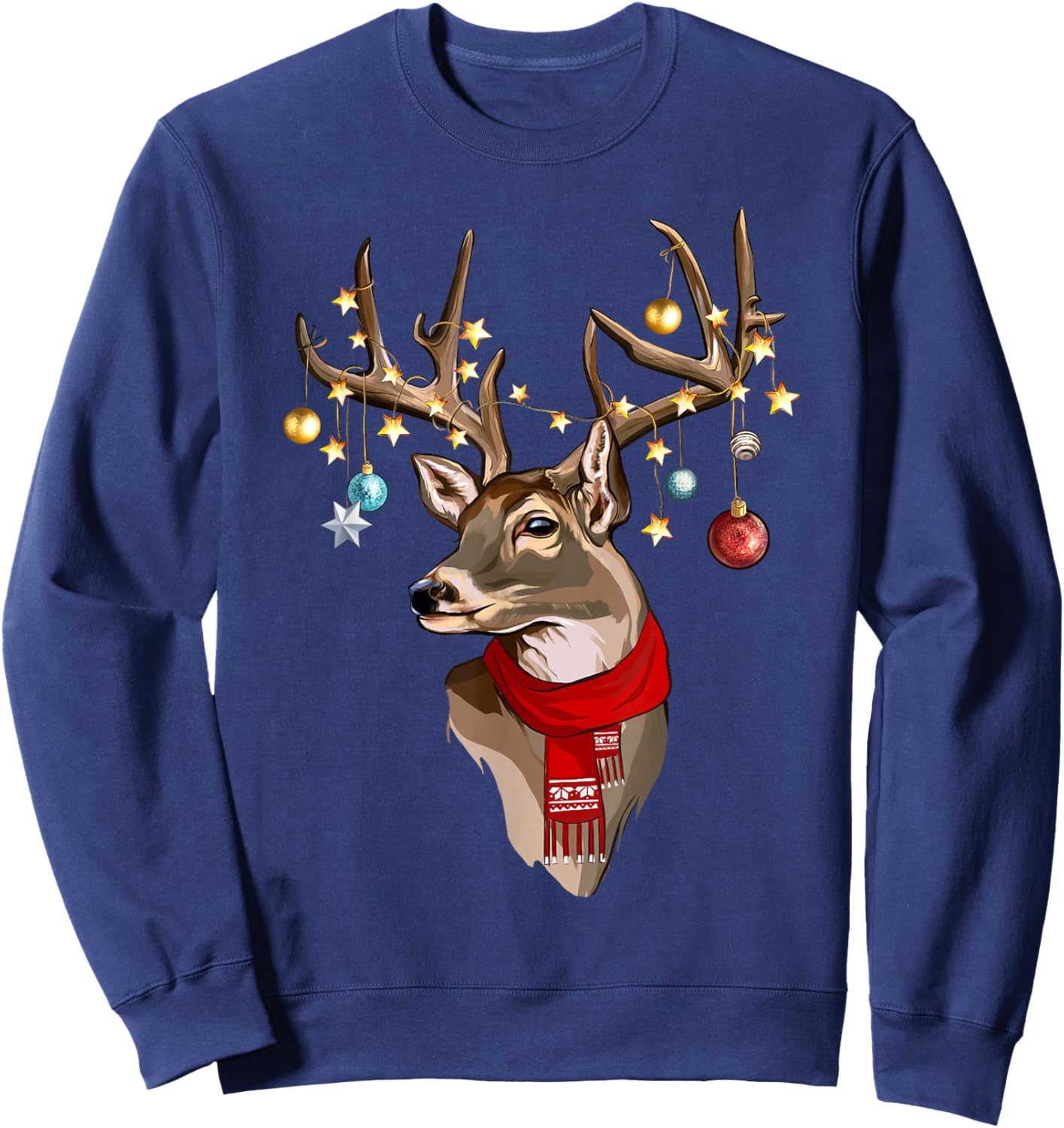 Buck Deer Antlers Christmas Lights Scarf Xmas Party Sweatshirt - Sweatshirt | Navy