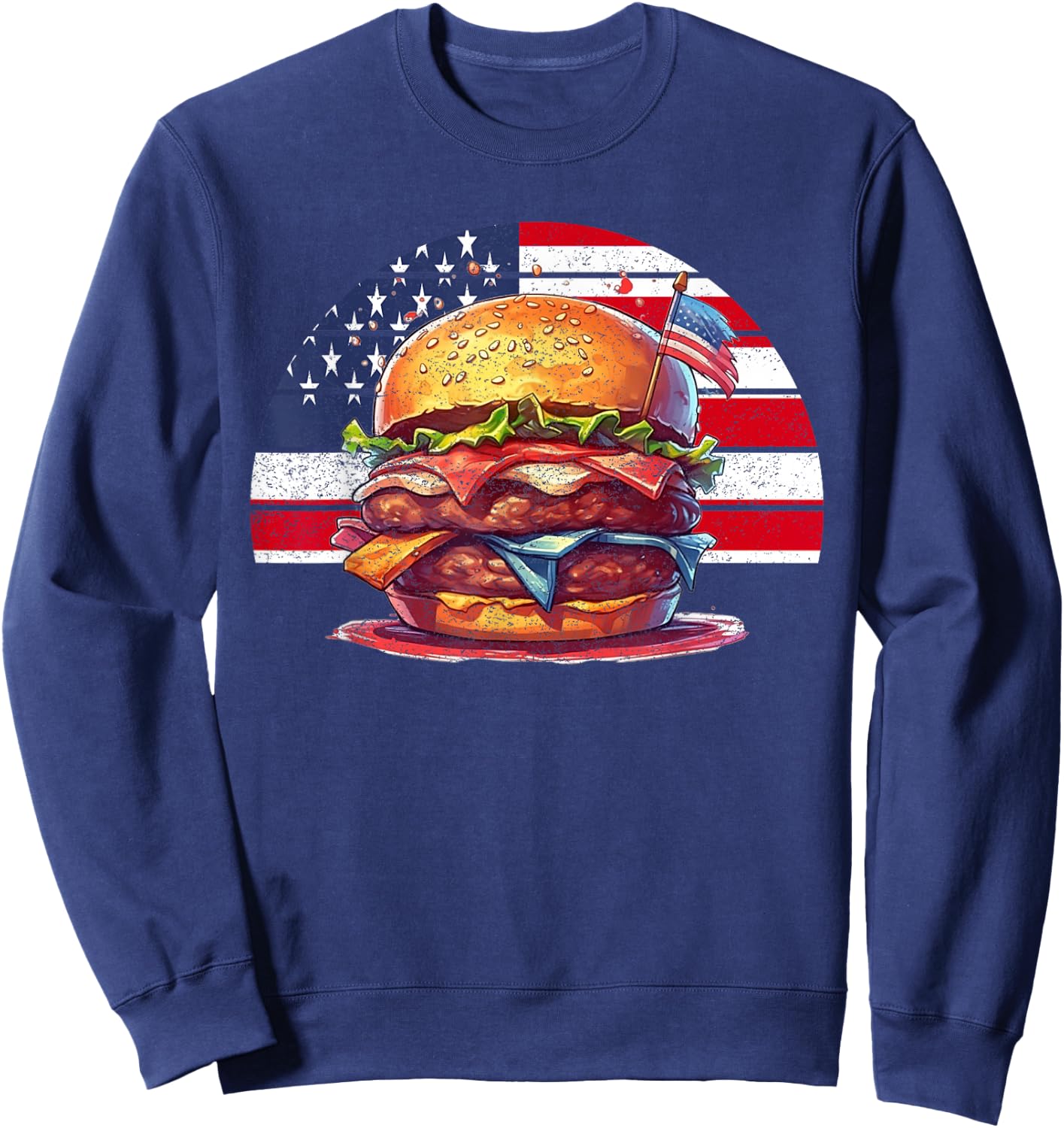 4th Of July Burger Vintage American USA Flag Women Sweatshirt - Sweatshirt | Navy