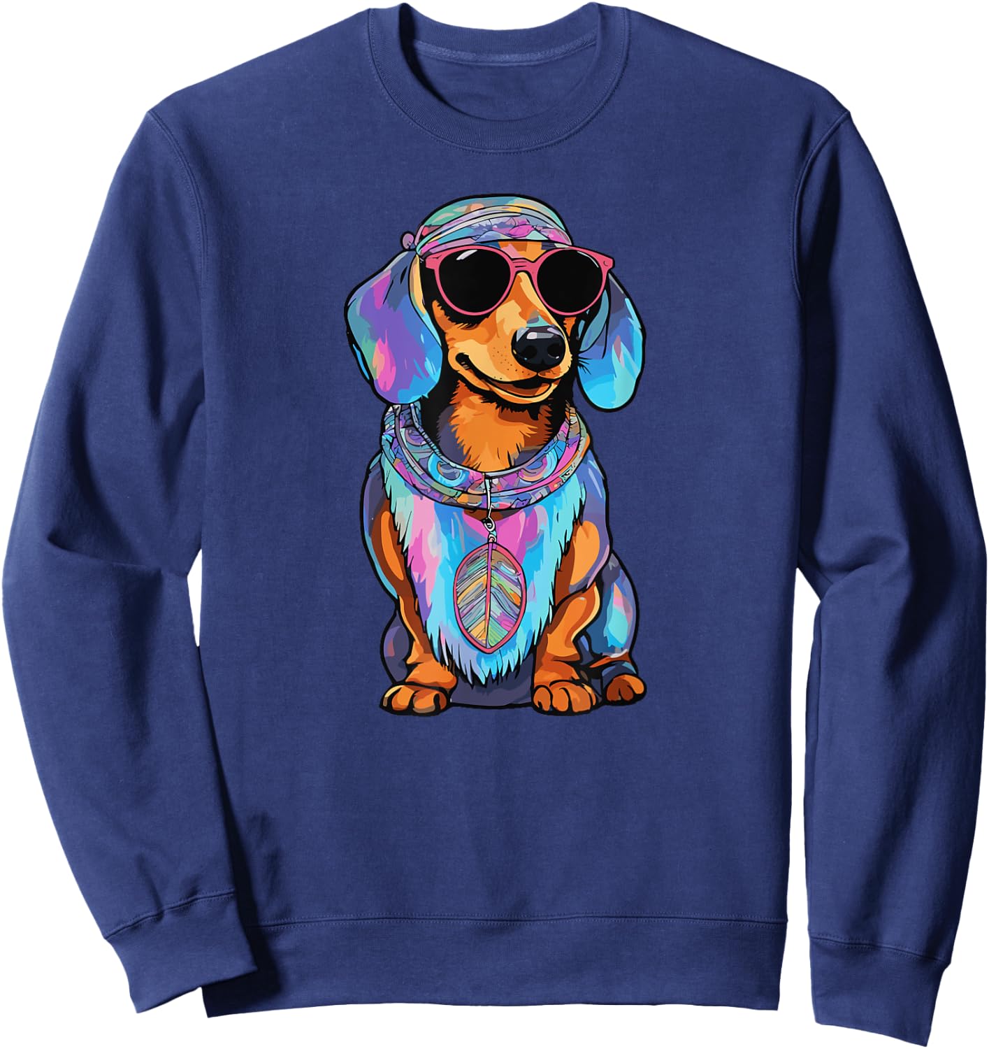 Colorful Tie Dye Hippie Dachshund Dog Wearing Sunglasses Men Women Girls Kids Sweatshirt - Sweatshirt | Navy