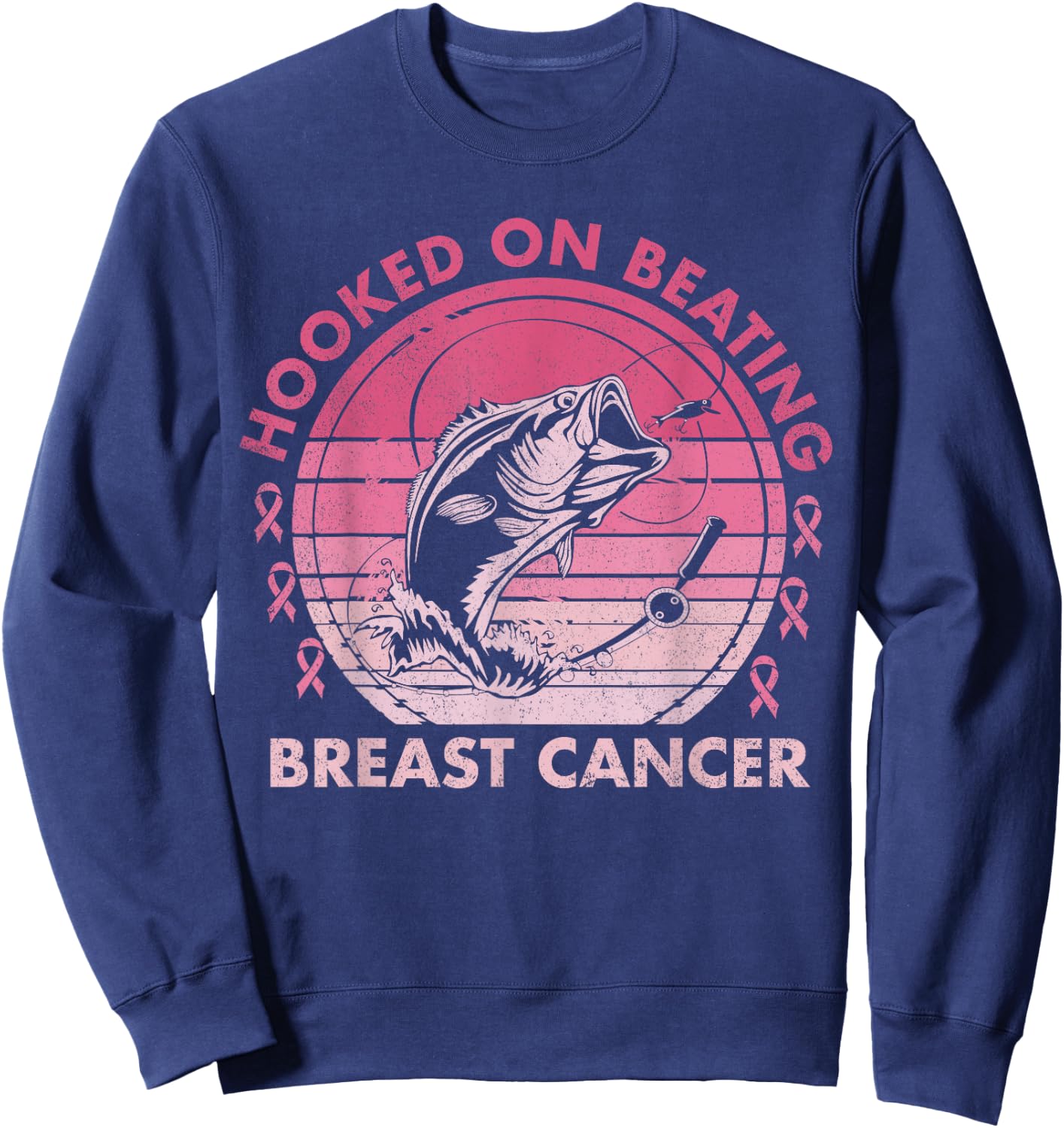 Hooked on Beating Breast Cancer Awareness Fishing Vintage Sweatshirt - Sweatshirt | Navy