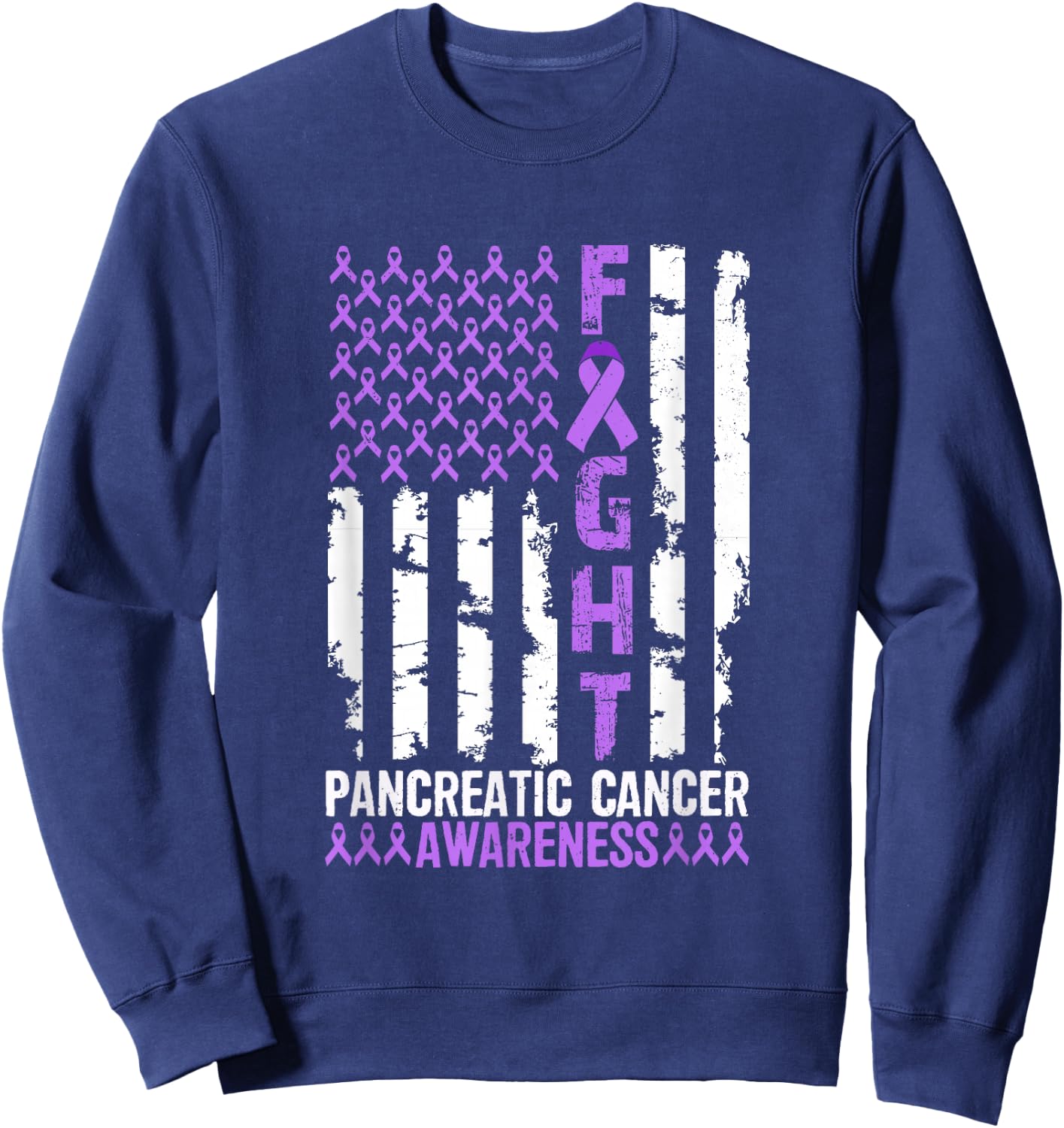 Fight Flag Purple Ribbon Support Pancreatic Cancer Awareness Sweatshirt - Sweatshirt | Navy