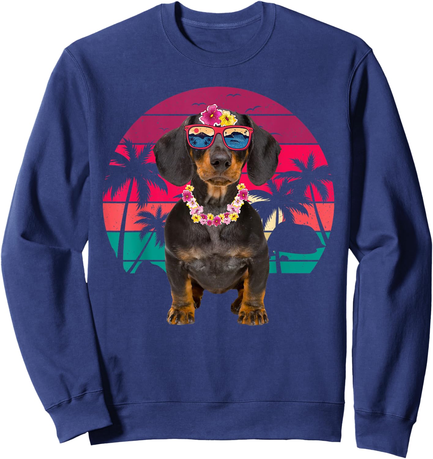 Retro Hawaiian Dachshund Dog Tropical Floral Summer Vibes Sweatshirt - Sweatshirt | Navy