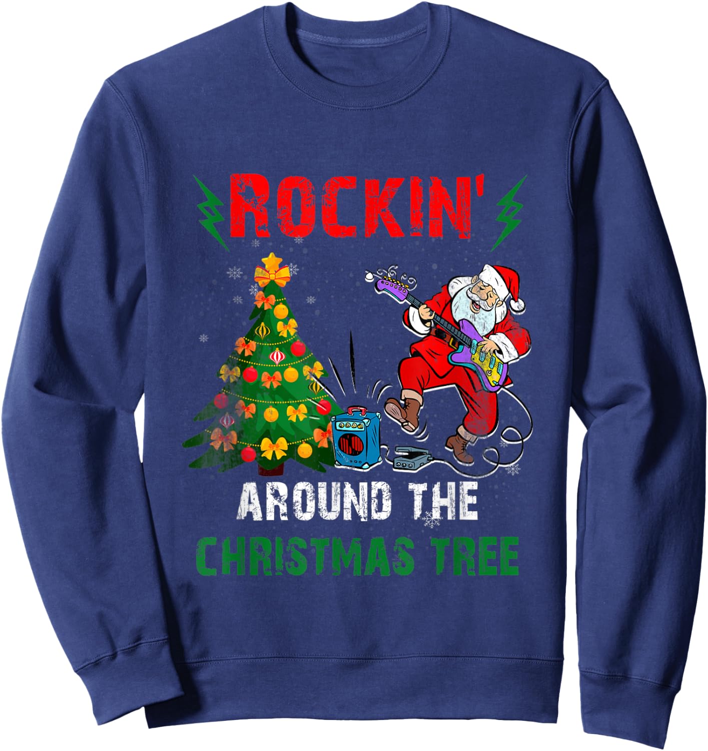 Rockin Around Christmas Tree Funny Rocker Santa Music Sweatshirt - Sweatshirt | Navy