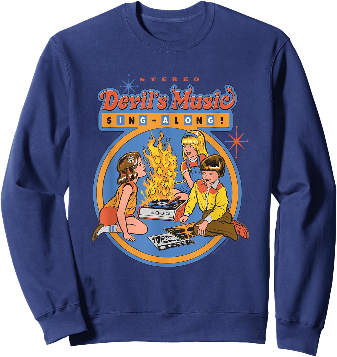 Steven Rhodes Devil's Music Rock & Roll Retro Dark Humor Sweatshirt - Sweatshirt | Navy