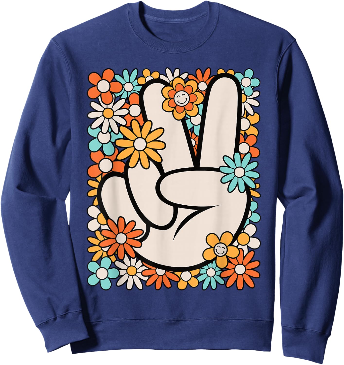 Hippie Peace Hand Sign Groovy Flower 60s 70s Men Women Kids Sweatshirt - Sweatshirt | Navy