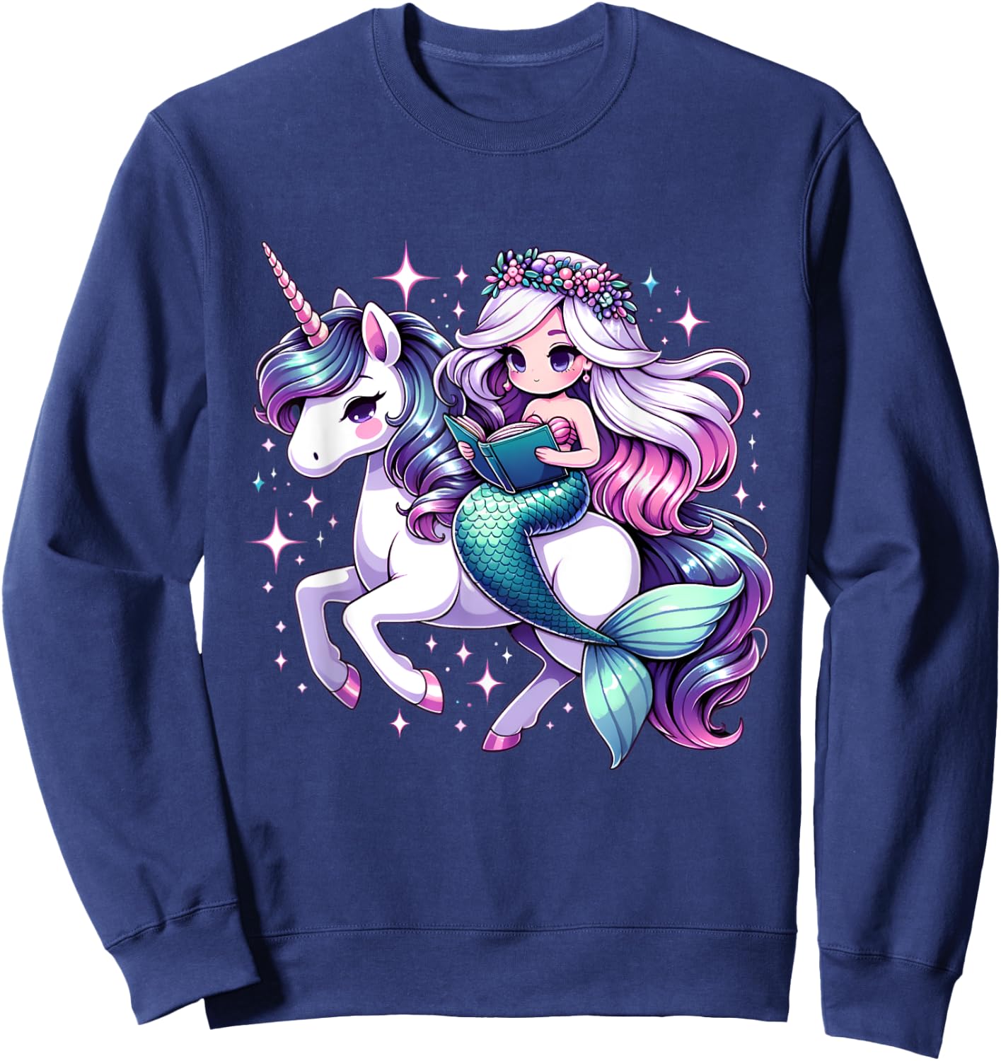 Unicorn kisses Mermaid wishes | reading books Birthday Girl Sweatshirt - Sweatshirt | Navy