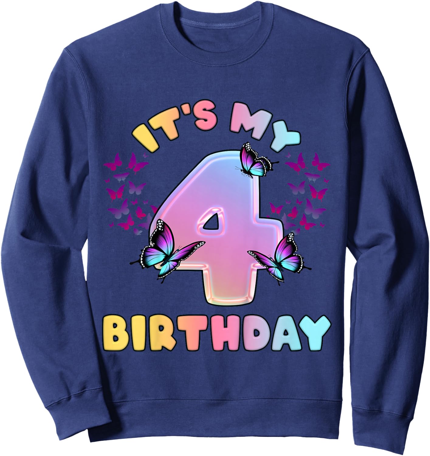 Birthday Girl 4 Years Old Butterfly Sweatshirt - Sweatshirt | Navy