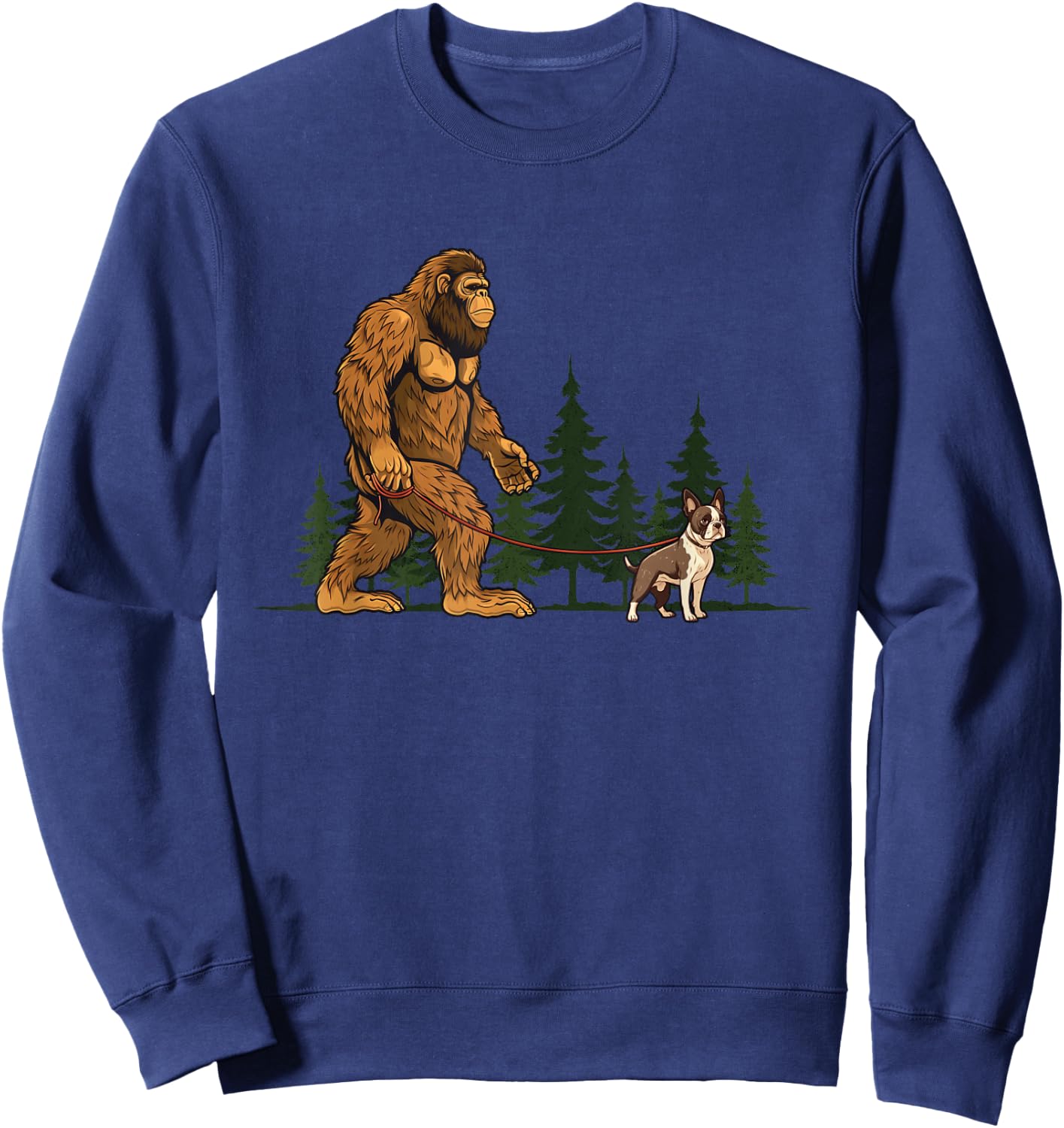 Funny Boston Terrier Bigfoot Dog Walking Dog Mom Dad Kids Sweatshirt - Sweatshirt | Navy