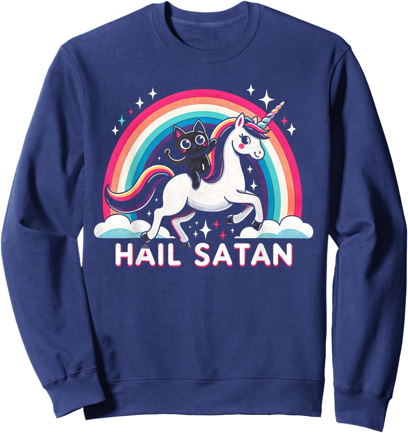 Cute Satanic Cat Riding A Unicorn Over A Rainbow Hail Satan Men Women Kids Sweatshirt - Sweatshirt | Navy