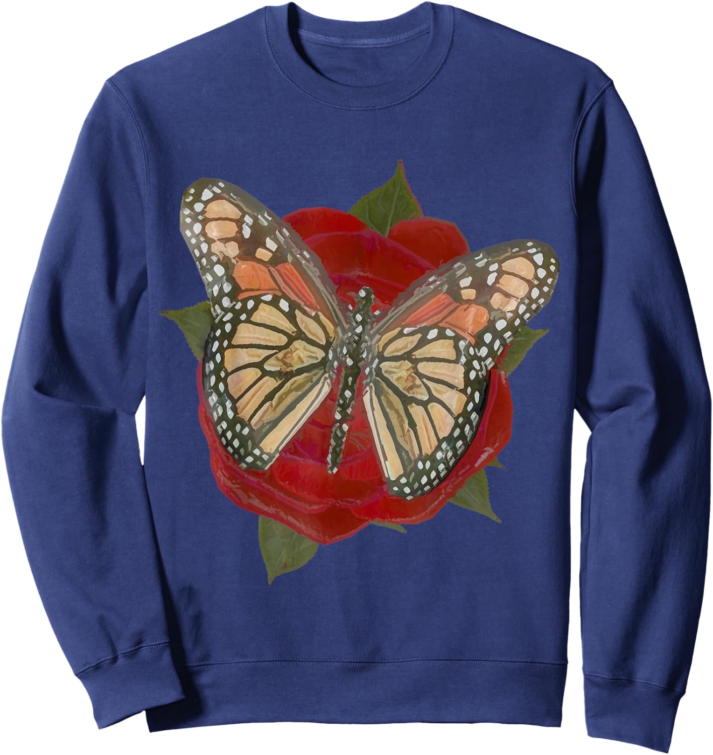 Rose Red Flower Orange Black Monarch Butterfly Graphic Print Sweatshirt - Sweatshirt | Navy