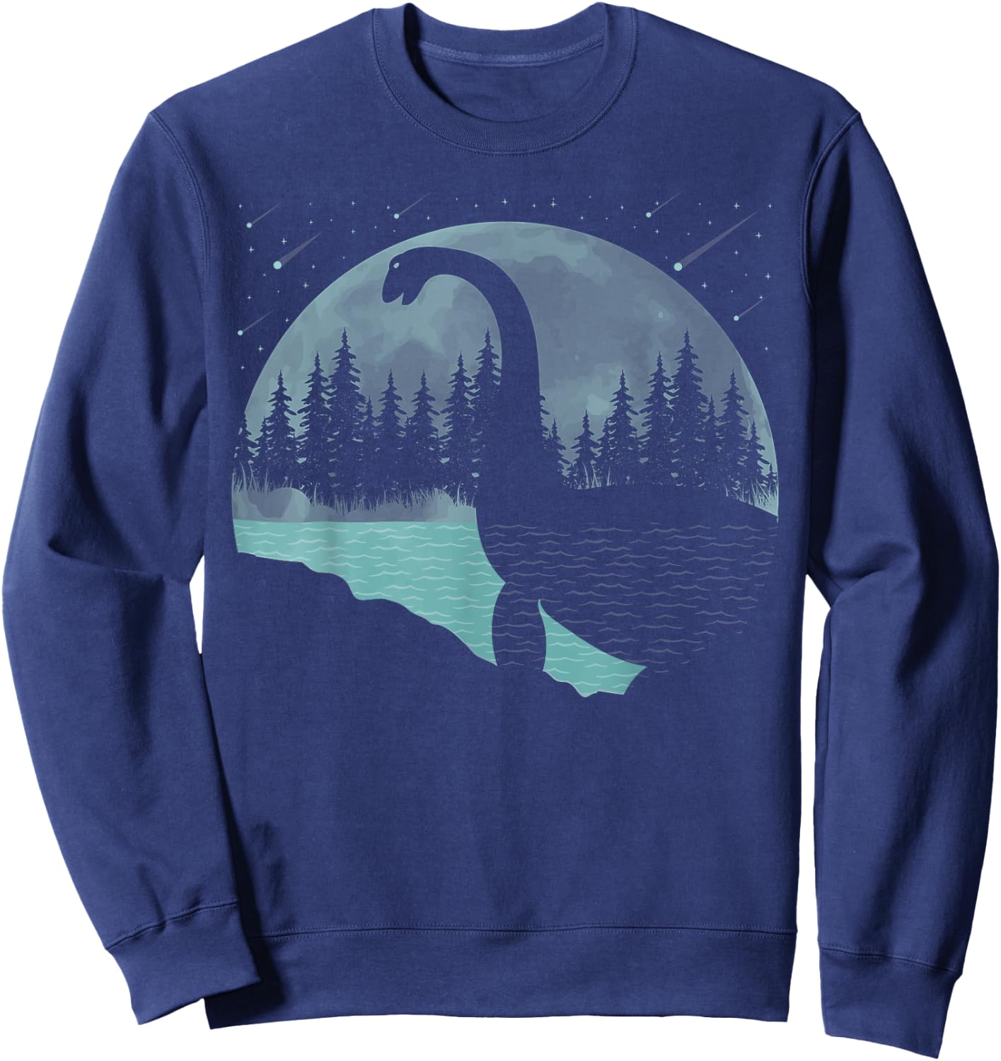 Loch Ness Monster Graphic Full Moon Trees And Stars! Nessie Sweatshirt - Sweatshirt | Navy