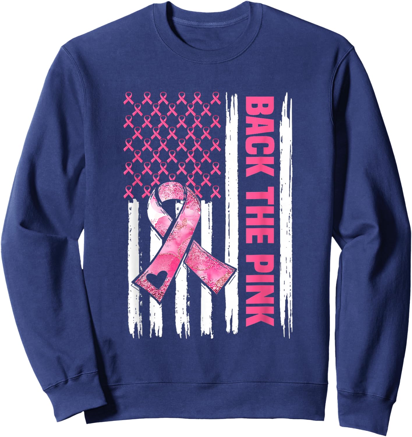 Back The Pink Warrior Flag American Breast Cancer Awareness Sweatshirt - Sweatshirt | Navy