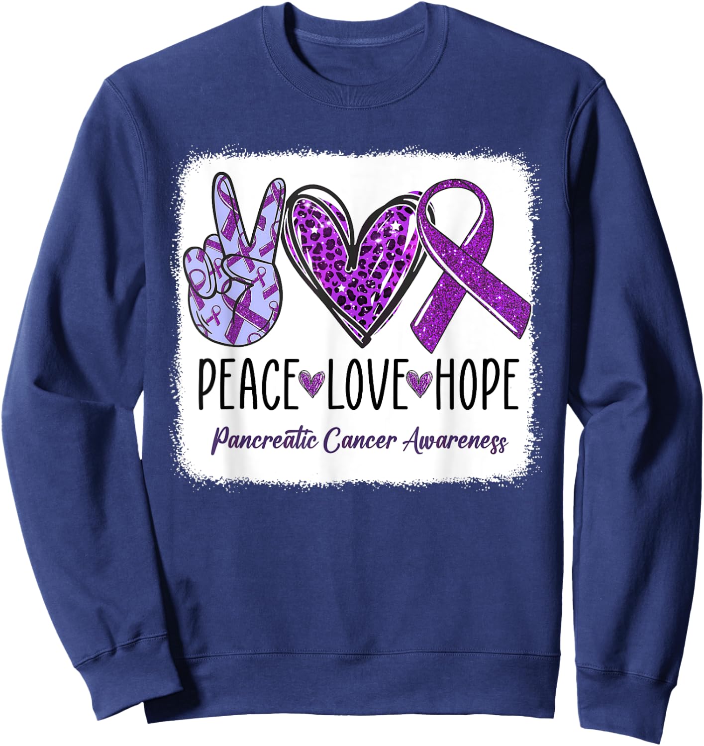 Peace Love Hope Ribbon Purple Pancreatic Cancer Awareness Sweatshirt - Sweatshirt | Navy