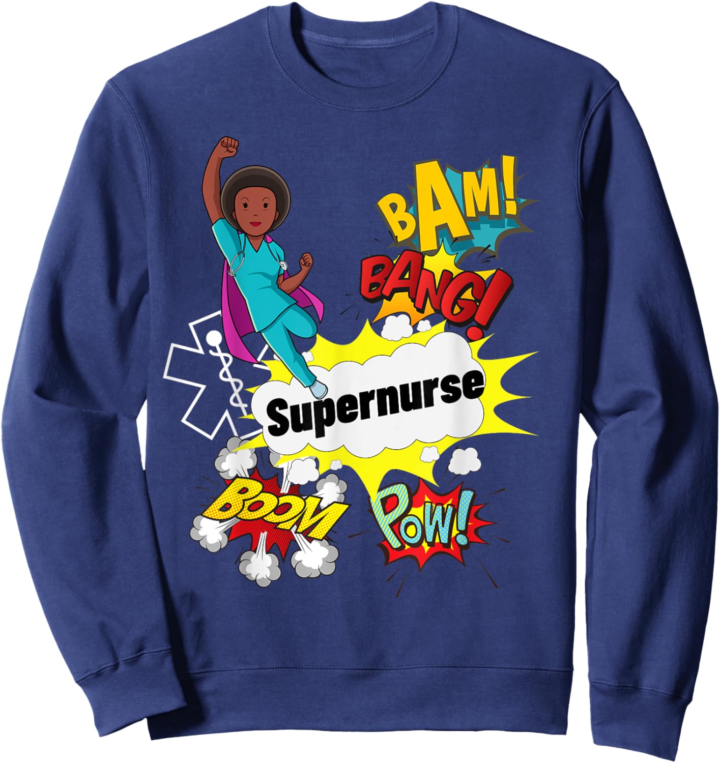 Supernurse Comic Superhero Style RN Black Woman Nursing Gift Sweatshirt - Sweatshirt | Navy
