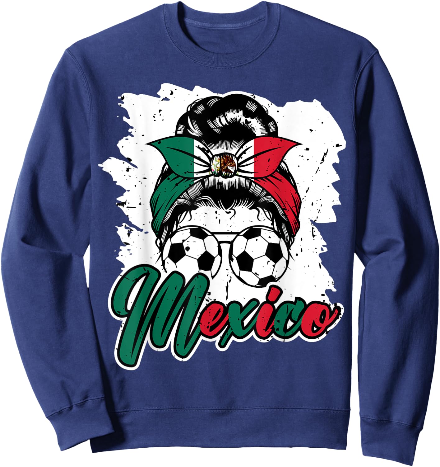 Soccer Mexico Messy Bun Mexican Flag Football Girls Women Sweatshirt - Sweatshirt | Navy