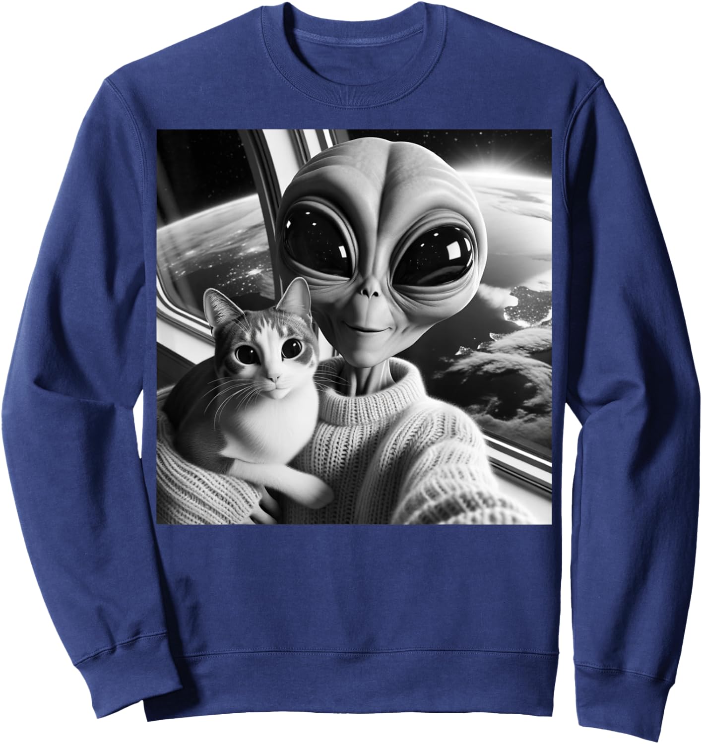Cute Alien Cat Selfie Funny UFO Earth Photo Women Girls Kids Sweatshirt - Sweatshirt | Navy