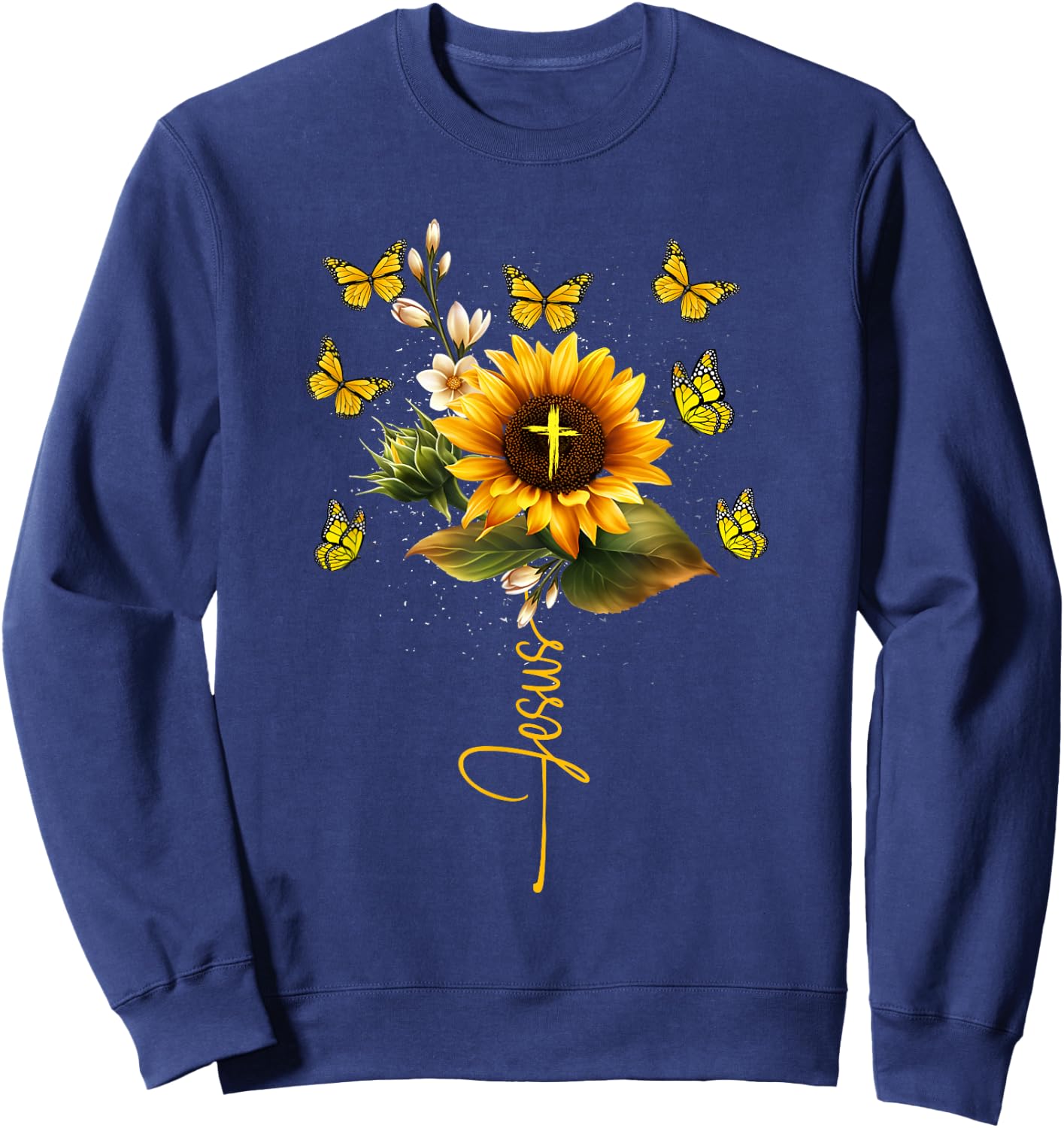 Sunflower Jesus Cross Butterflies Art Religious Christian Sweatshirt - Sweatshirt | Navy