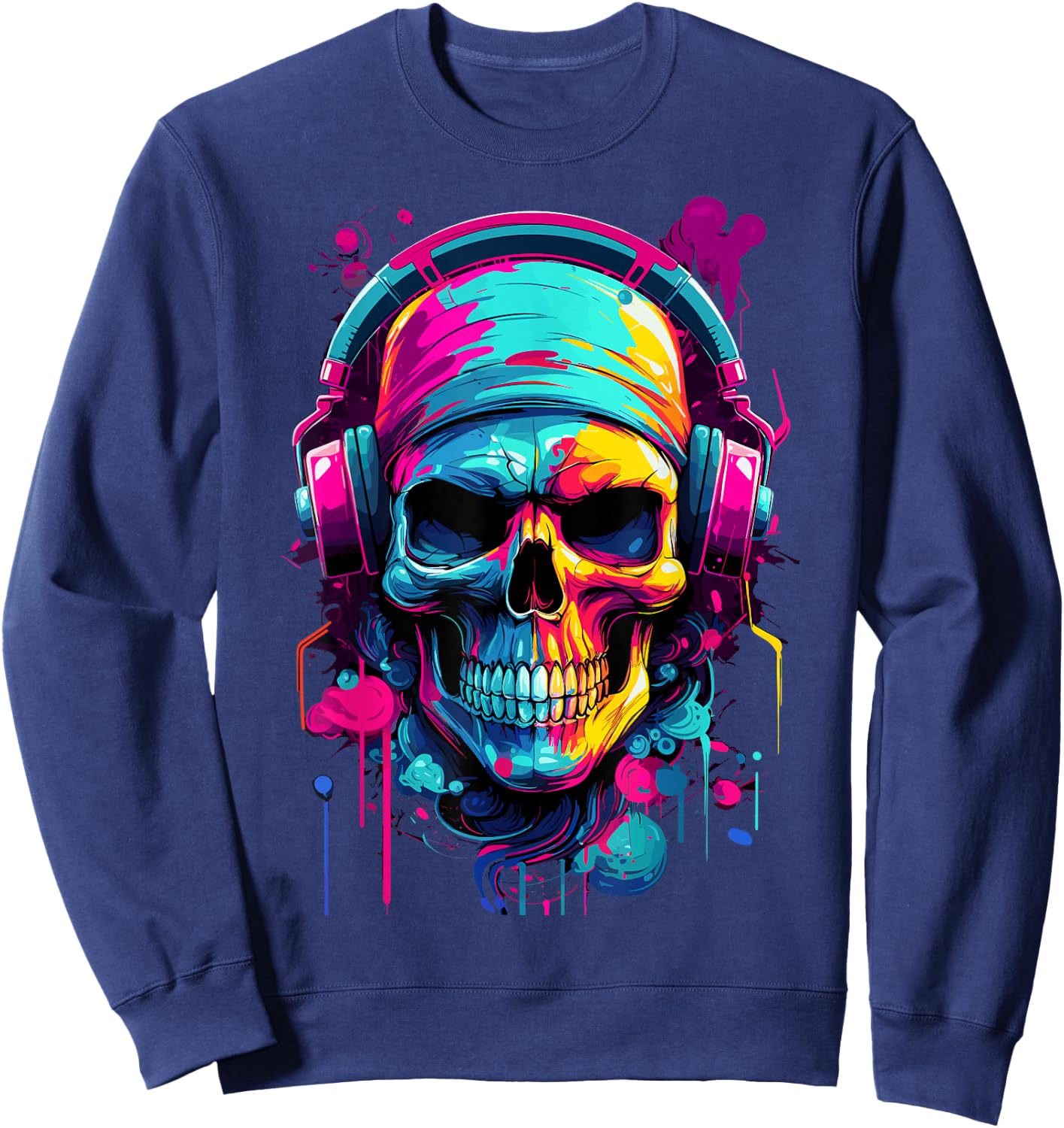 Colorful Skull With Headphones - Music Themed Horror Sweatshirt - Sweatshirt | Navy