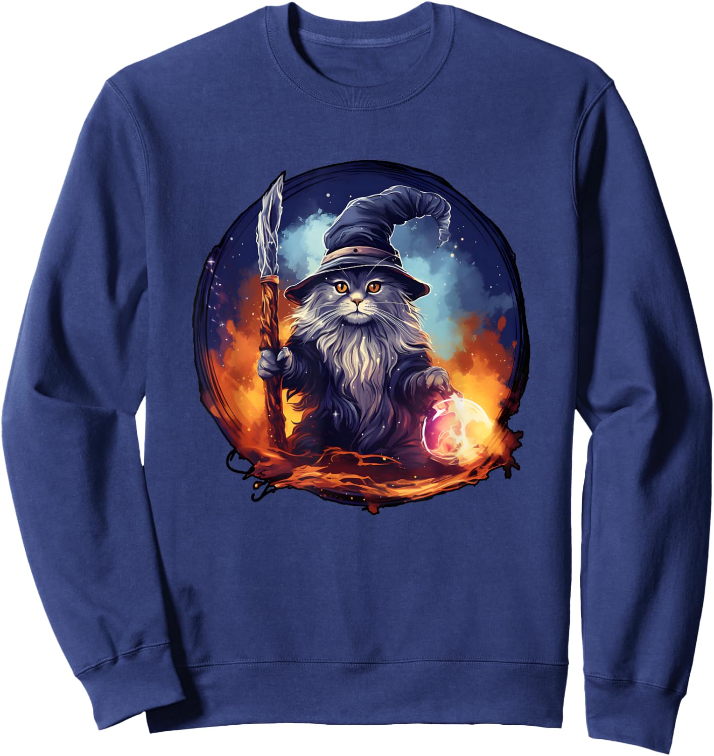 Magical Feline Sorcerer: Enchanting Wizard Cat Sweatshirt - Sweatshirt | Navy