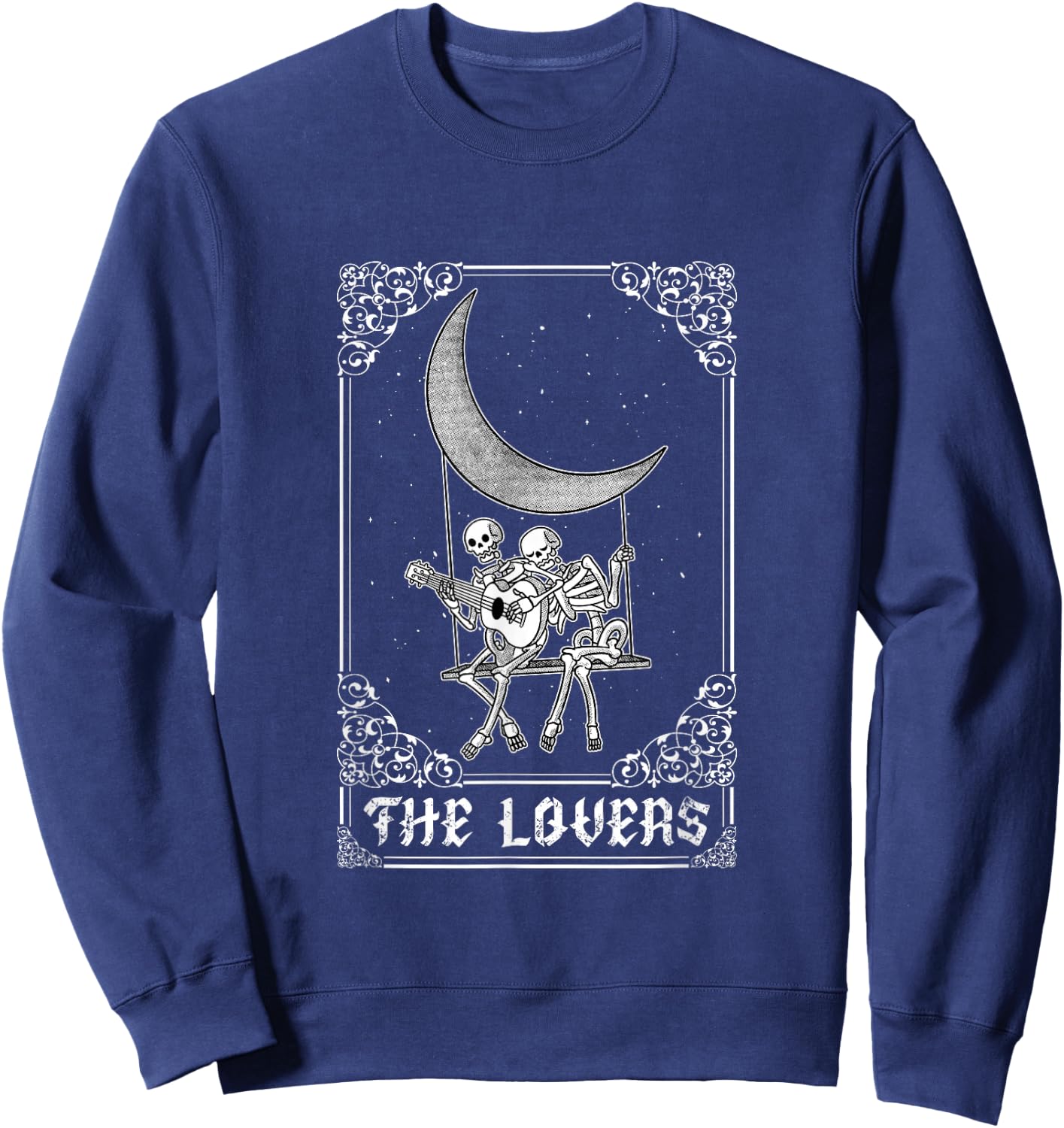 The Lovers Vintage Tarot Card Gothic Halloween Skeleton Moon Sweatshirt - Sweatshirt | Navy