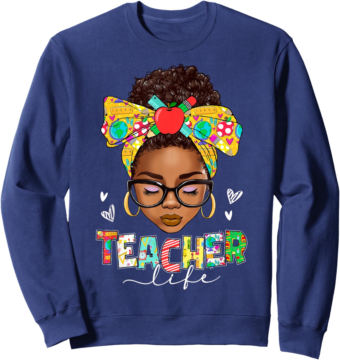 Teacher Life Messy Bun Afro African American Back To School Sweatshirt - Sweatshirt | Navy